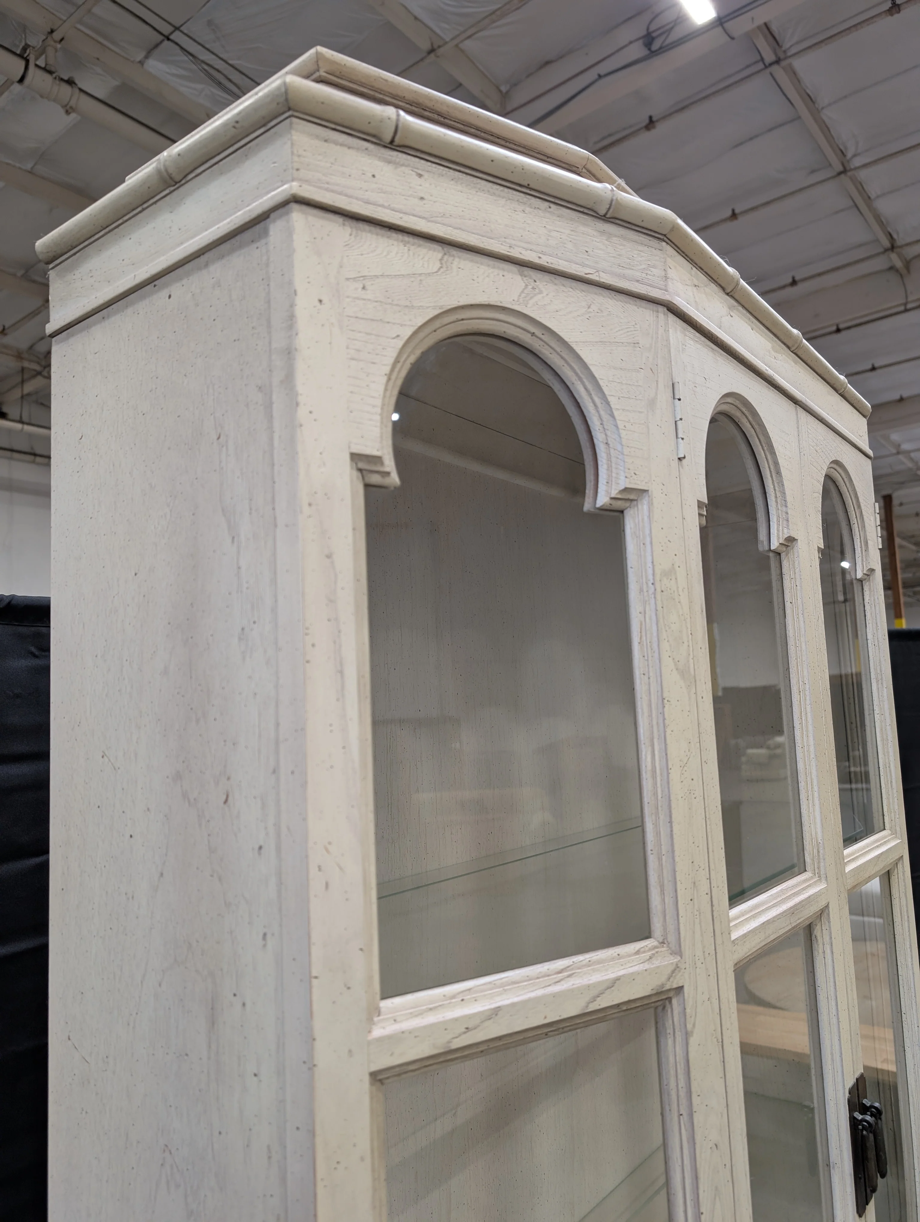 Distressed White Wood Display Hutch with Arched Glass Doors - Image 7