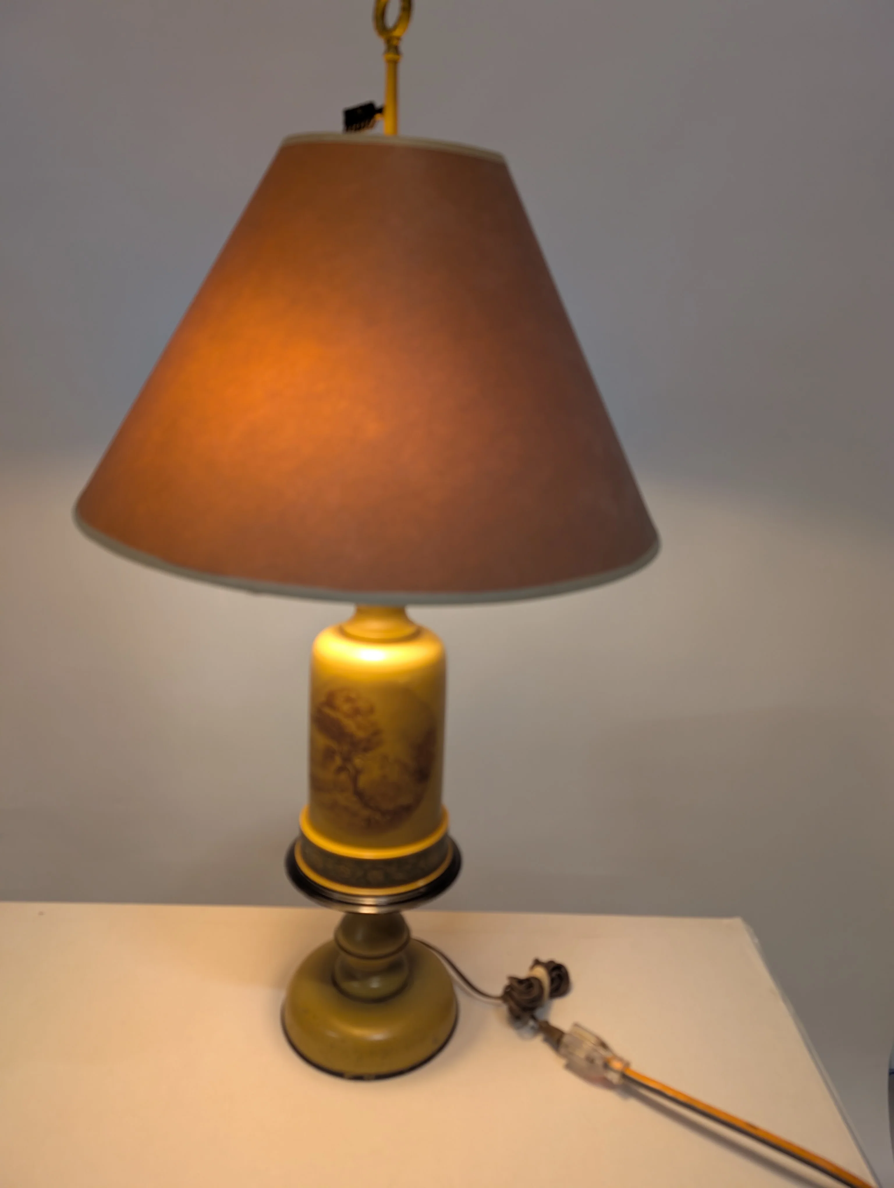 Vintage Style Mustard Yellow Table Lamp with Scenic Design - Image 2