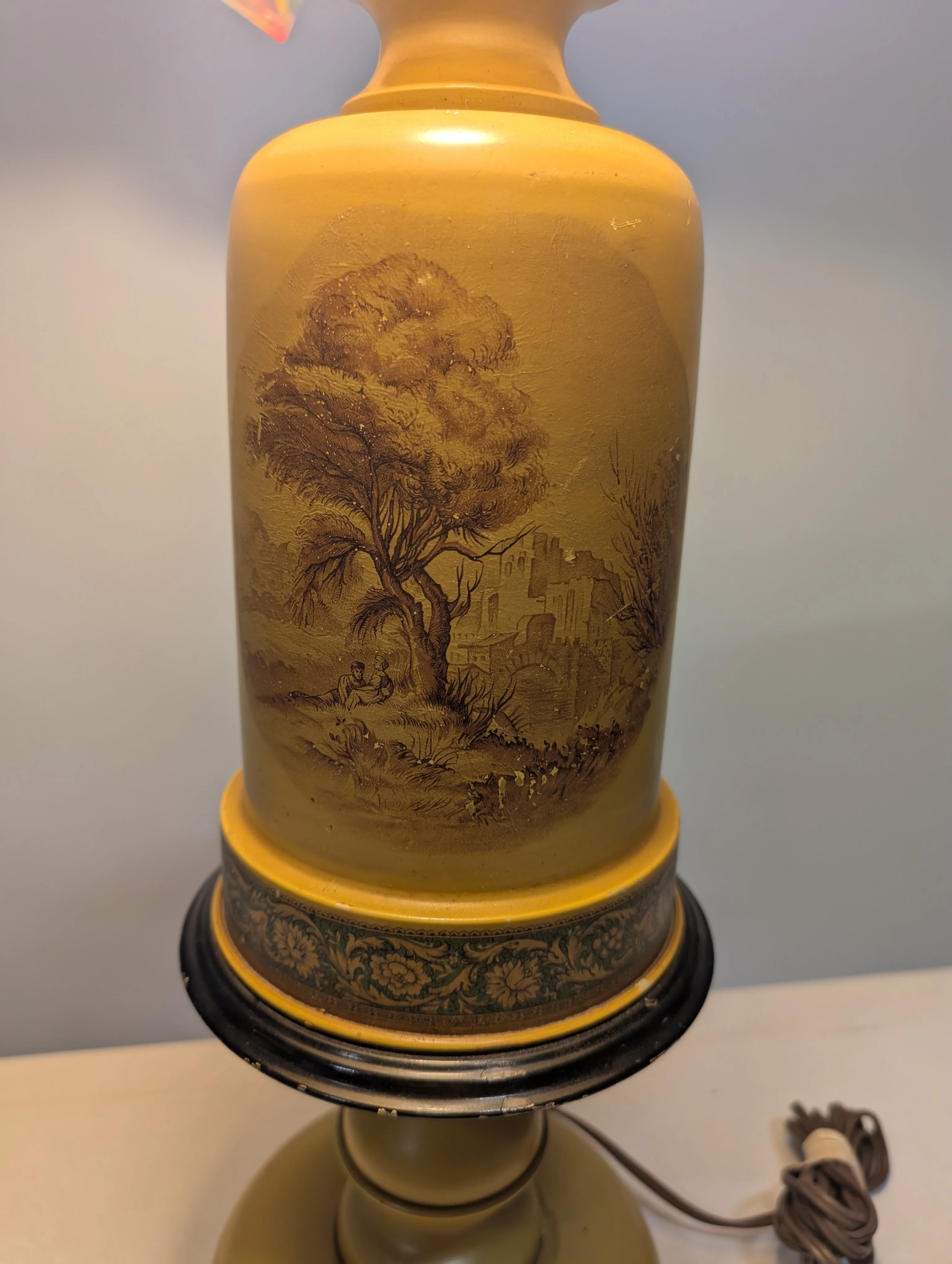 Vintage Style Mustard Yellow Table Lamp with Scenic Design - Image 3