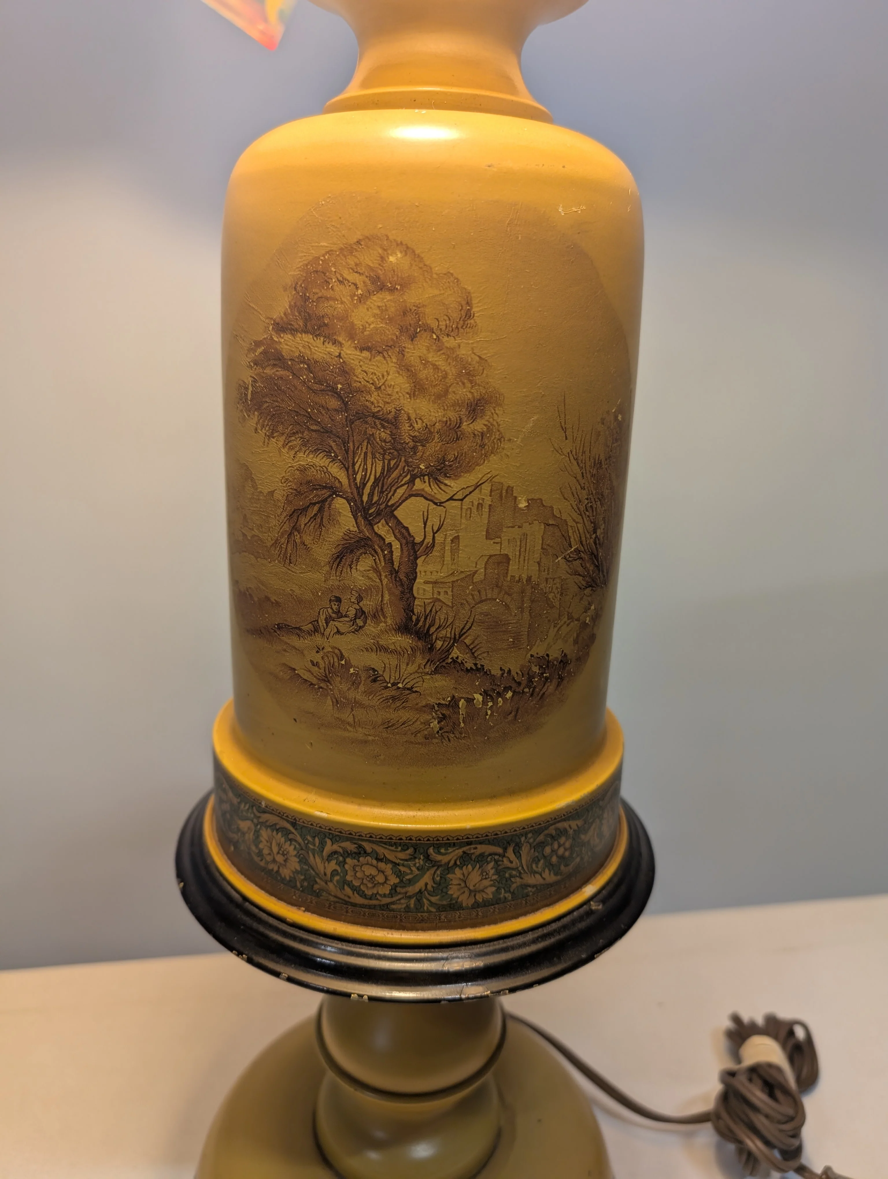Vintage Style Mustard Yellow Table Lamp with Scenic Design - Image 4