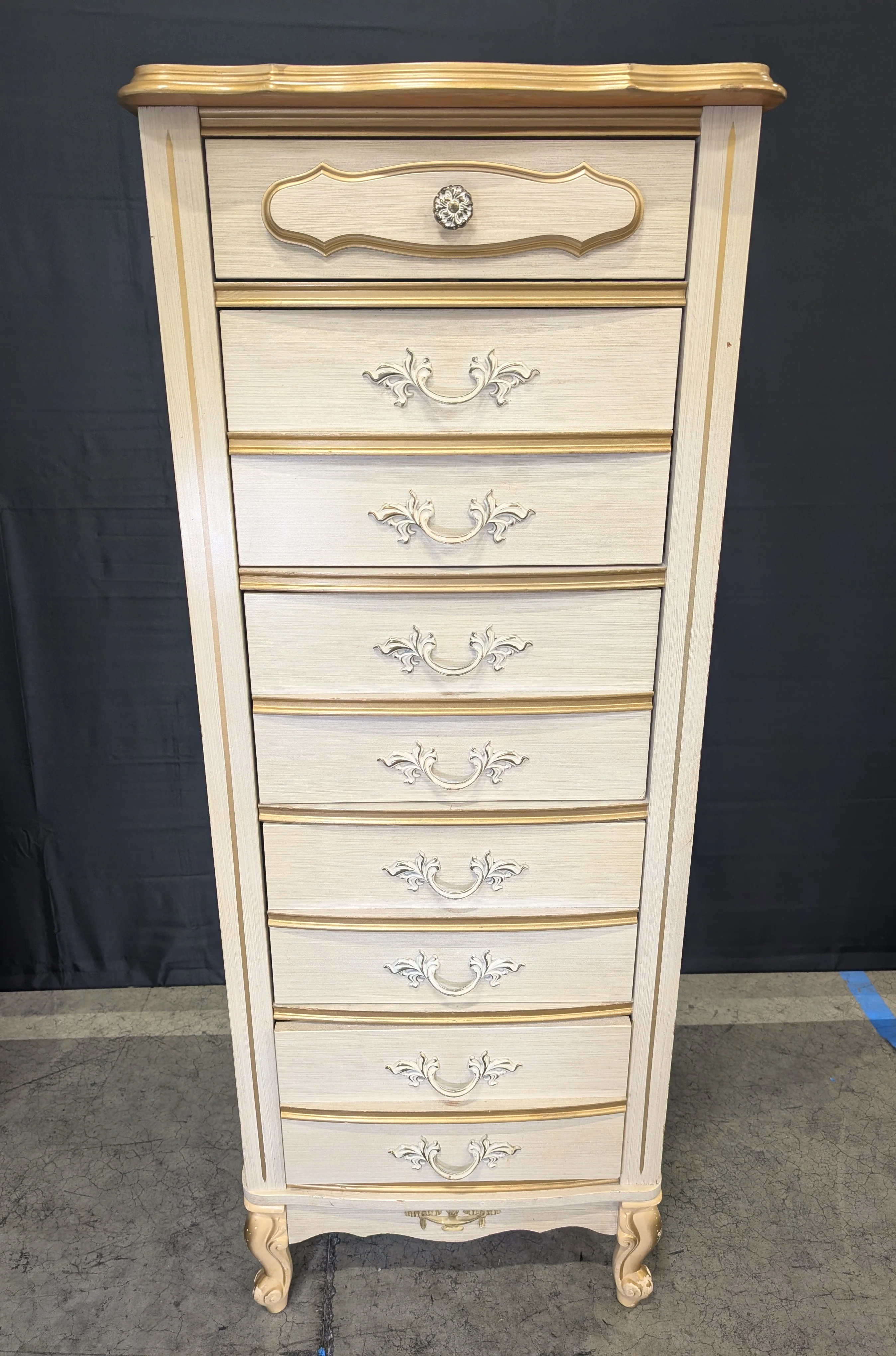 Vintage French Provincial Tall Chest of Drawers, Cream and Gilt Accents