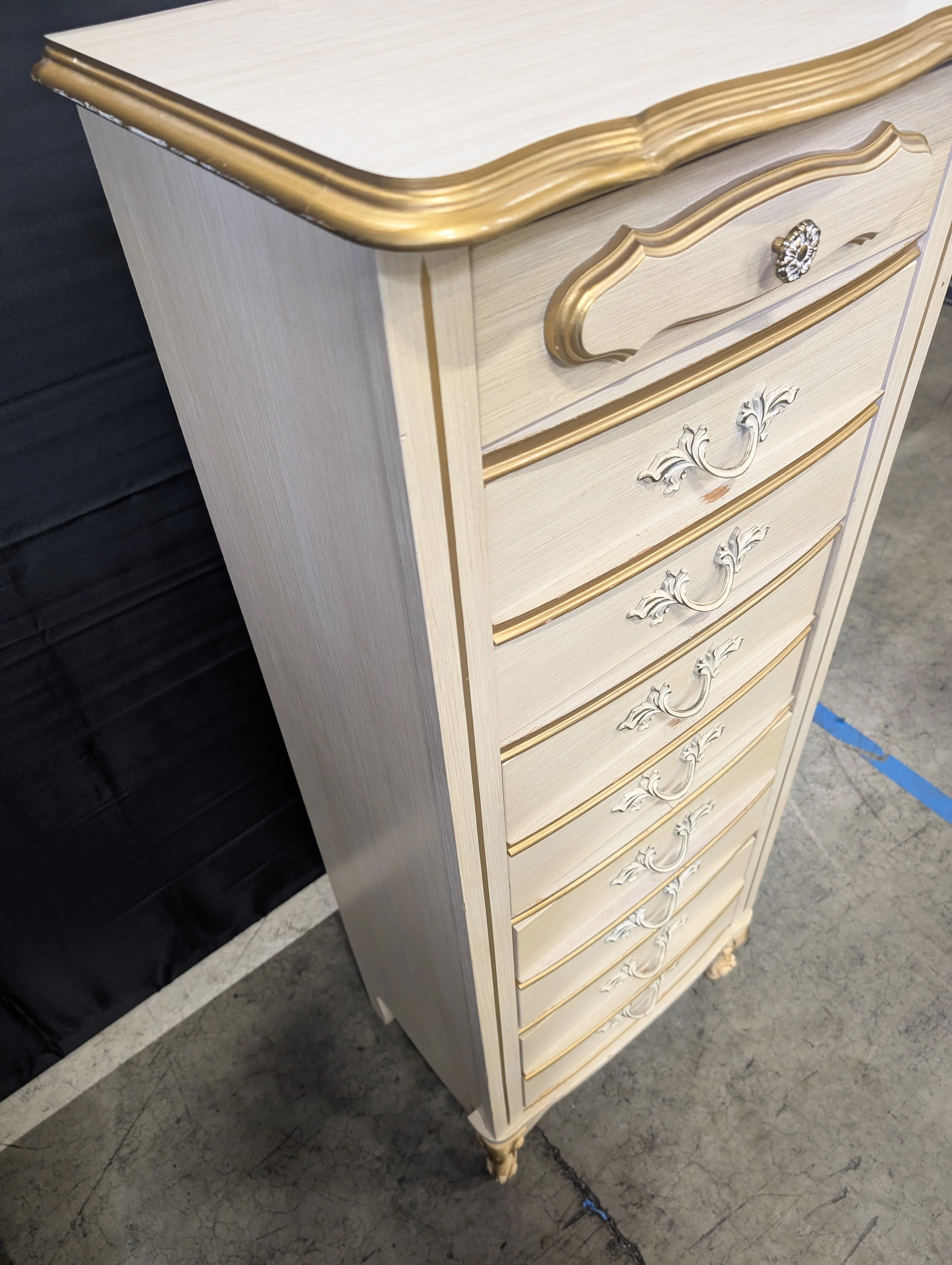 Vintage French Provincial Tall Chest of Drawers, Cream and Gilt Accents - Image 11