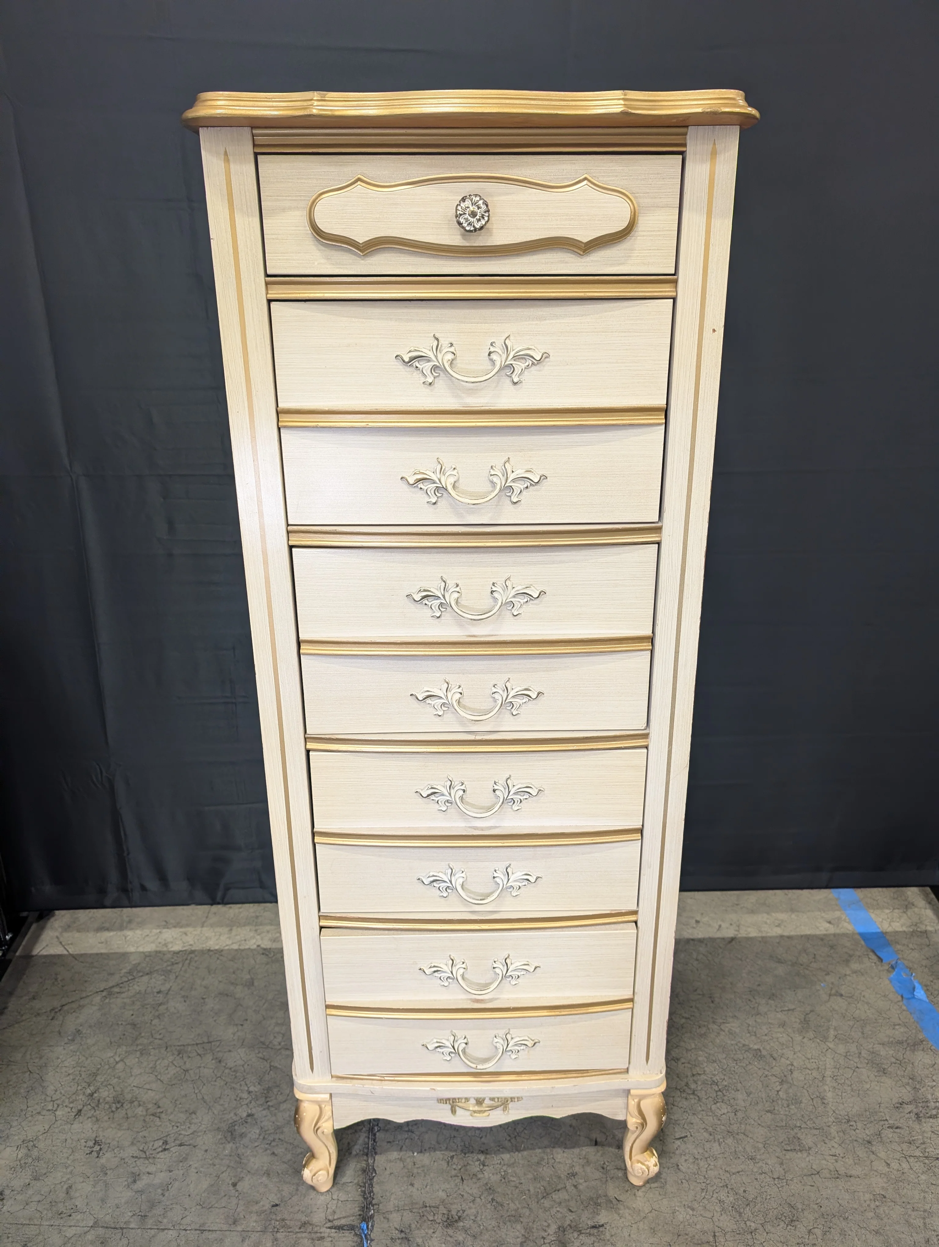 Vintage French Provincial Tall Chest of Drawers, Cream and Gilt Accents - Image 2