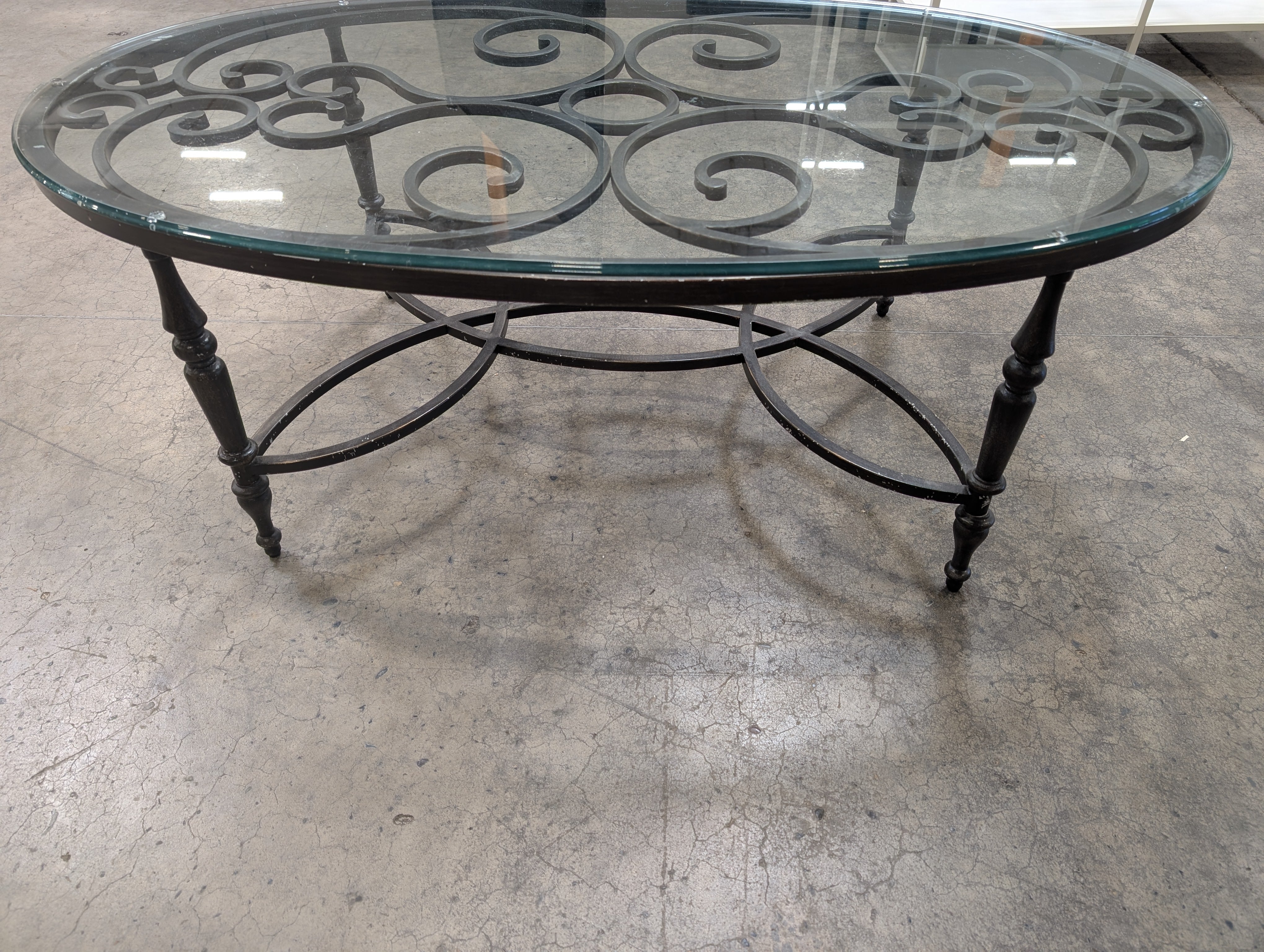Ornate Scrollwork Metal and Glass Oval Coffee Table - Image 3