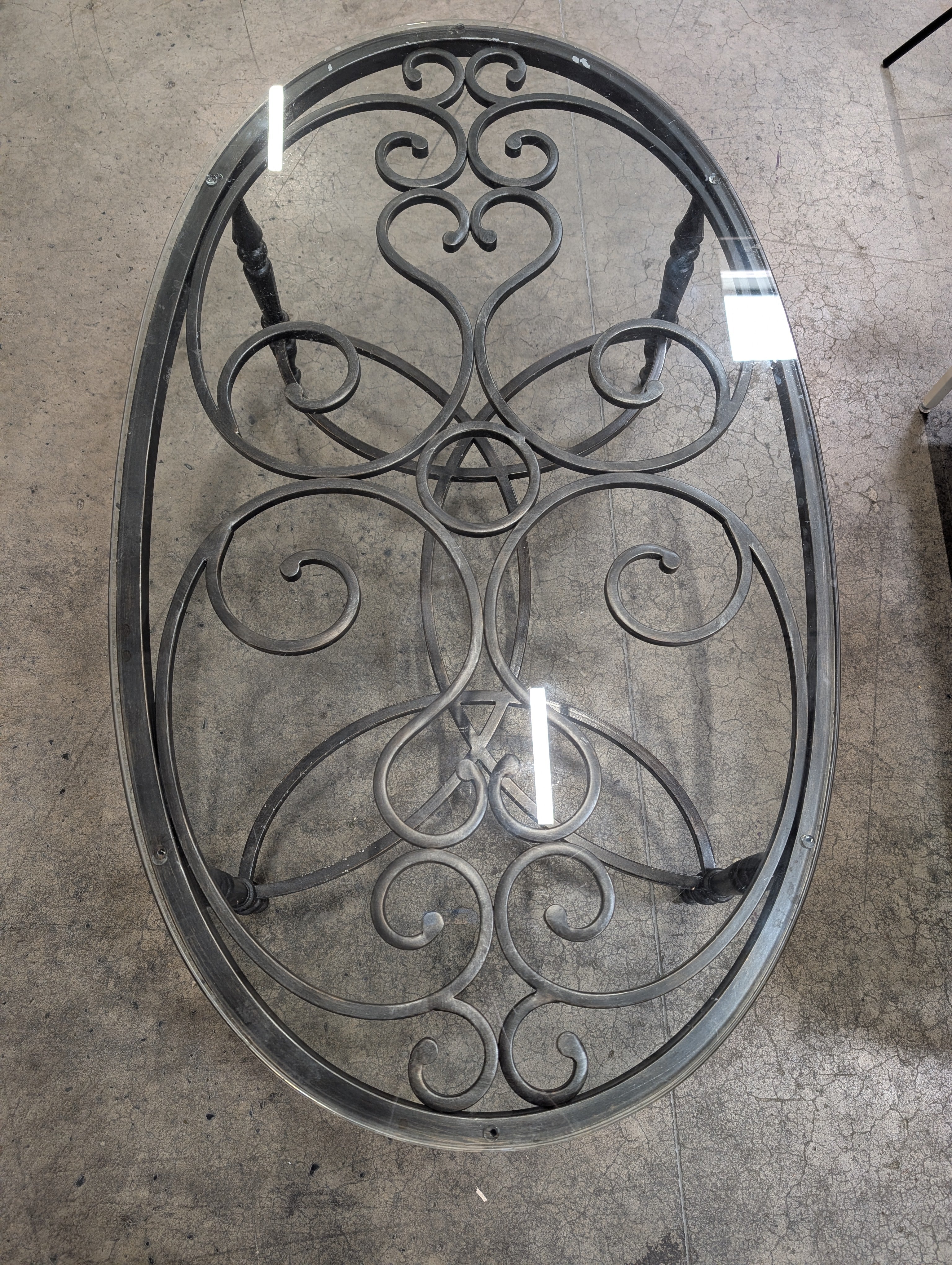Ornate Scrollwork Metal and Glass Oval Coffee Table - Image 4