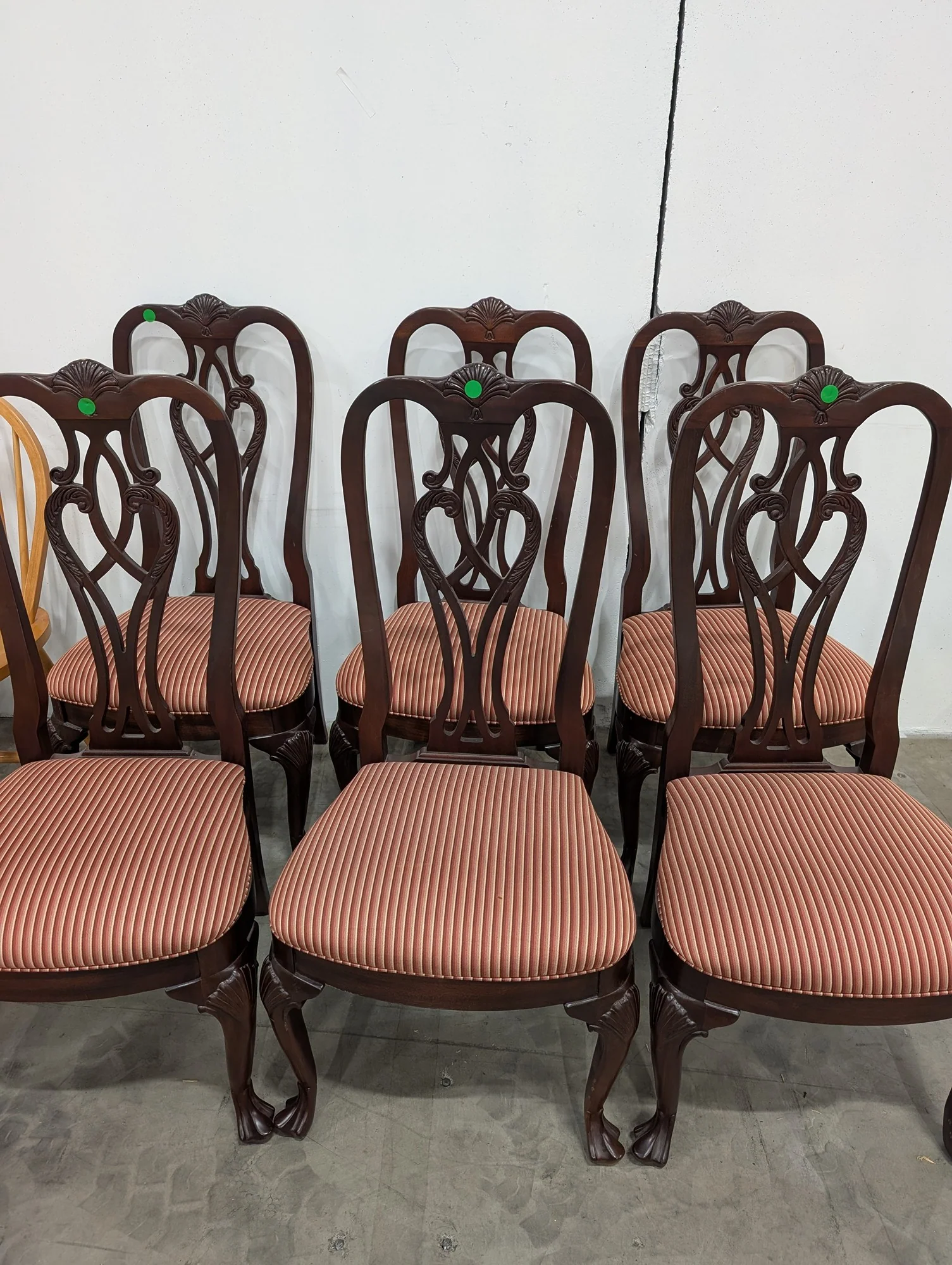 Set of Six Thomasville Carved Wood Traditional Dining Chairs with Striped Upholstery - Image 2