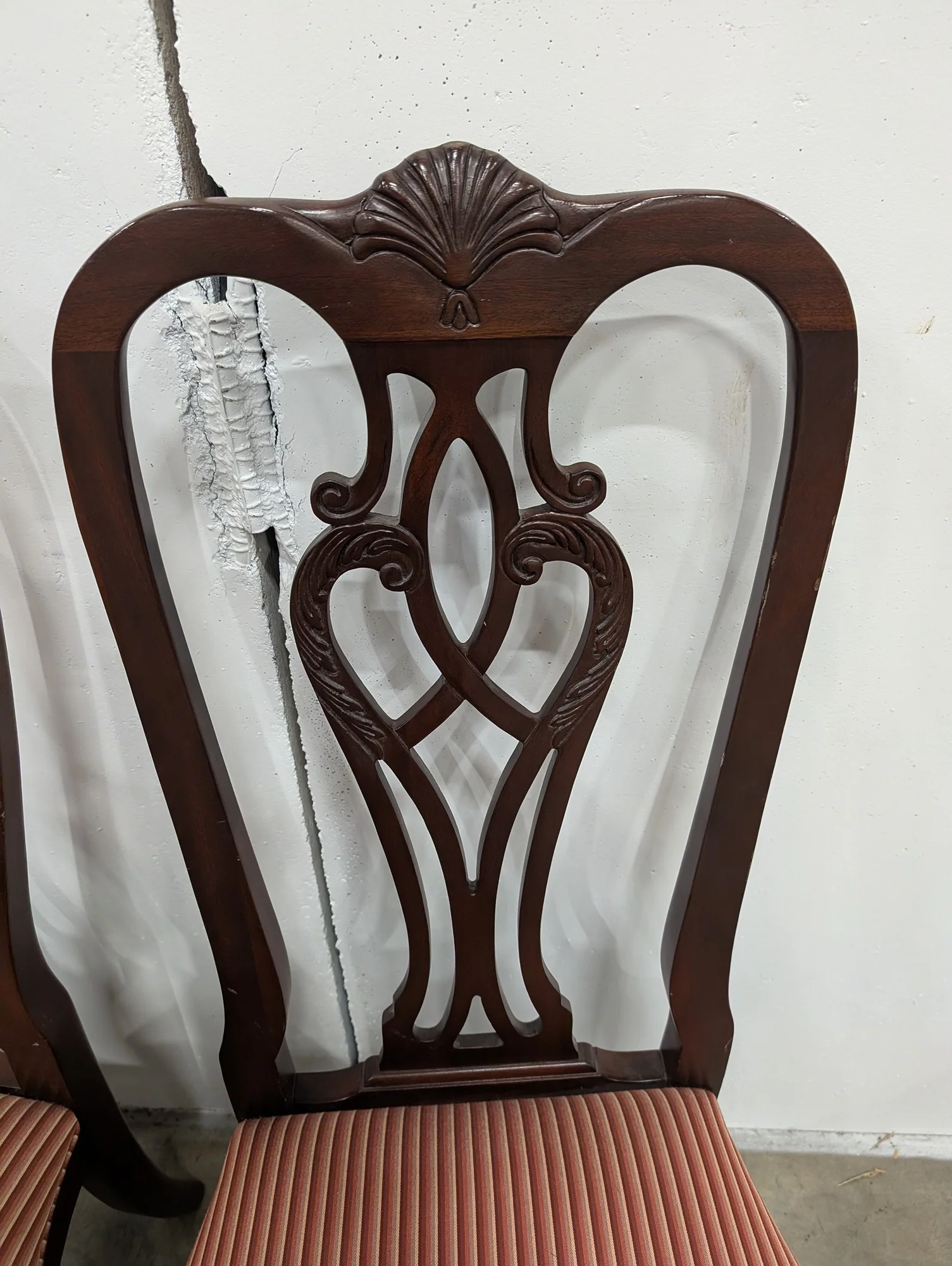 Set of Six Thomasville Carved Wood Traditional Dining Chairs with Striped Upholstery - Image 3
