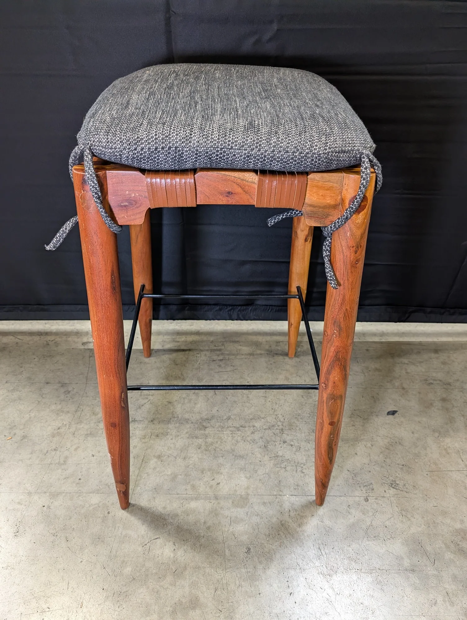 Artisan Crafted Wood and Woven Leather Bar Stool with Fabric Cushion