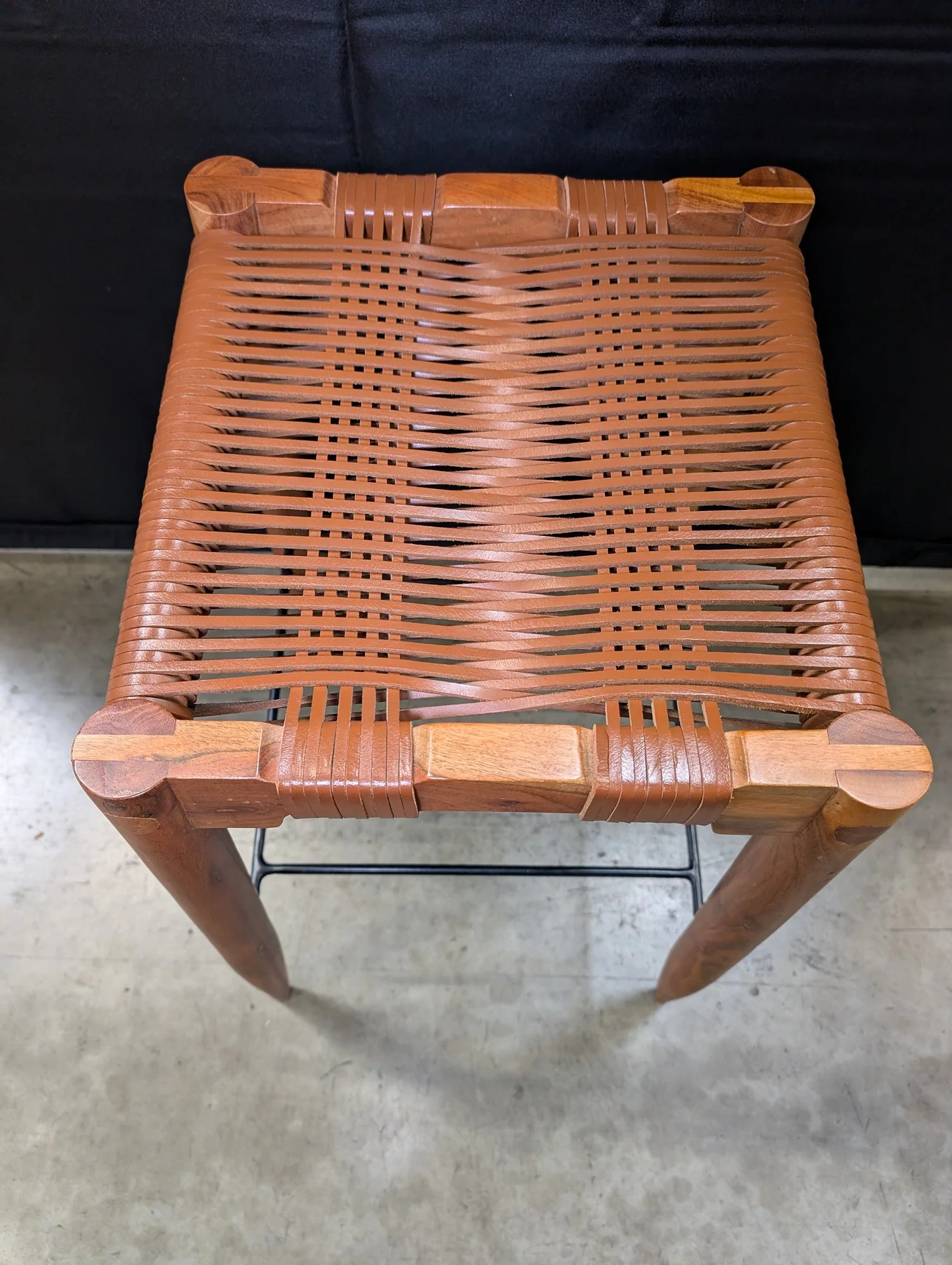 Artisan Crafted Wood and Woven Leather Bar Stool with Fabric Cushion - Image 3