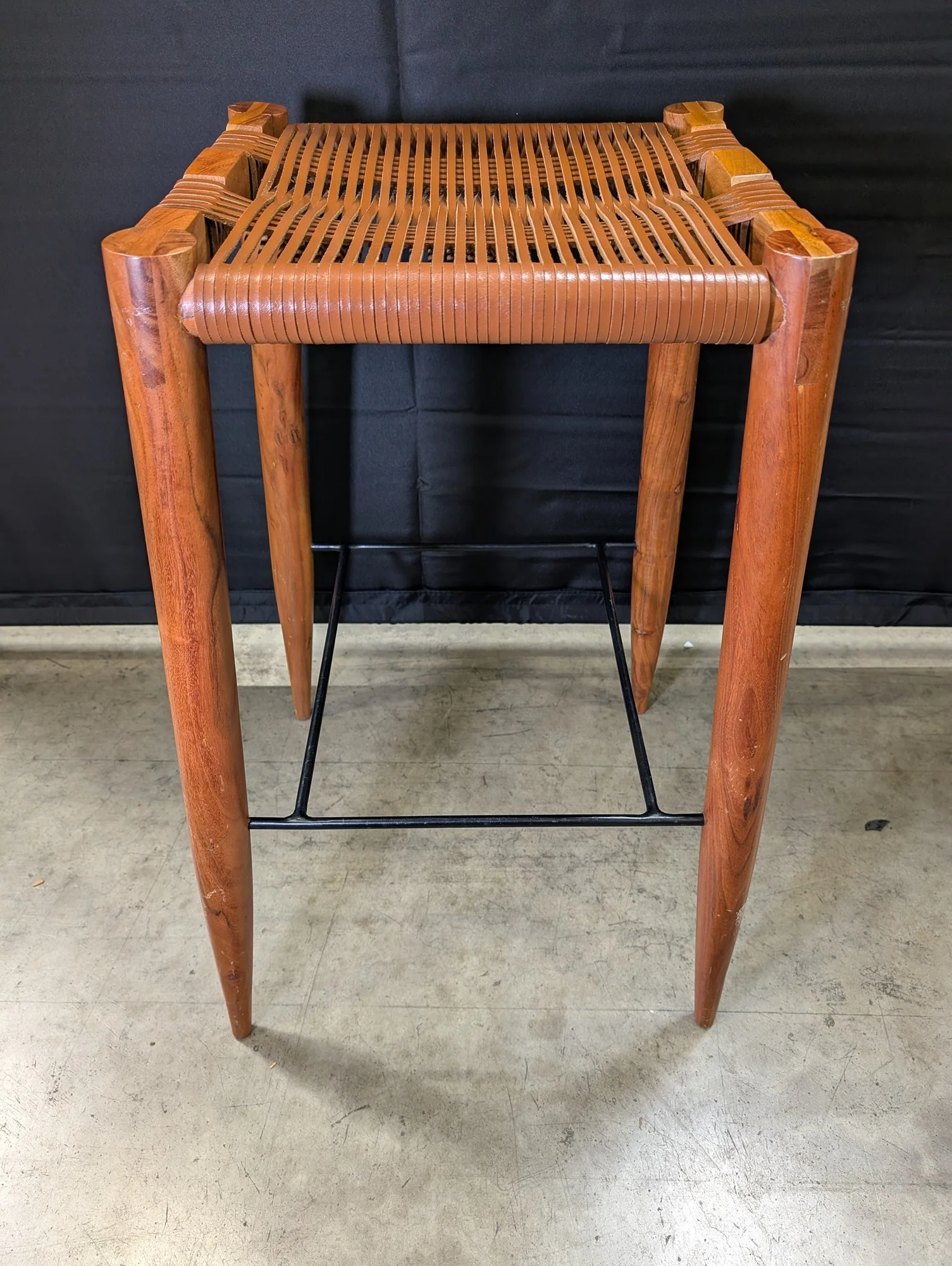 Artisan Crafted Wood and Woven Leather Bar Stool with Fabric Cushion - Image 4