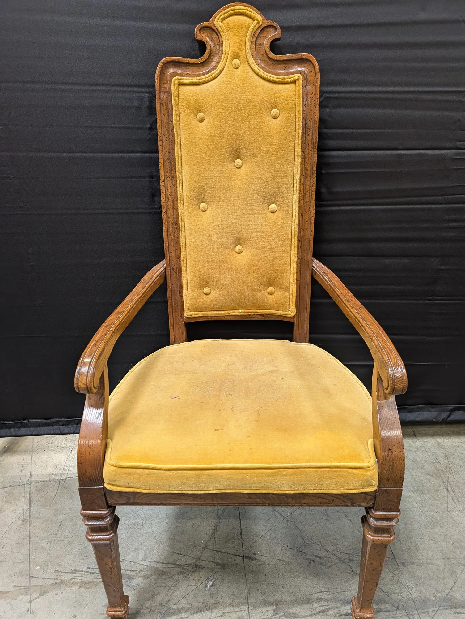 Vintage Carved Hardwood Armchair with Yellow Velvet Upholstery - Image 2