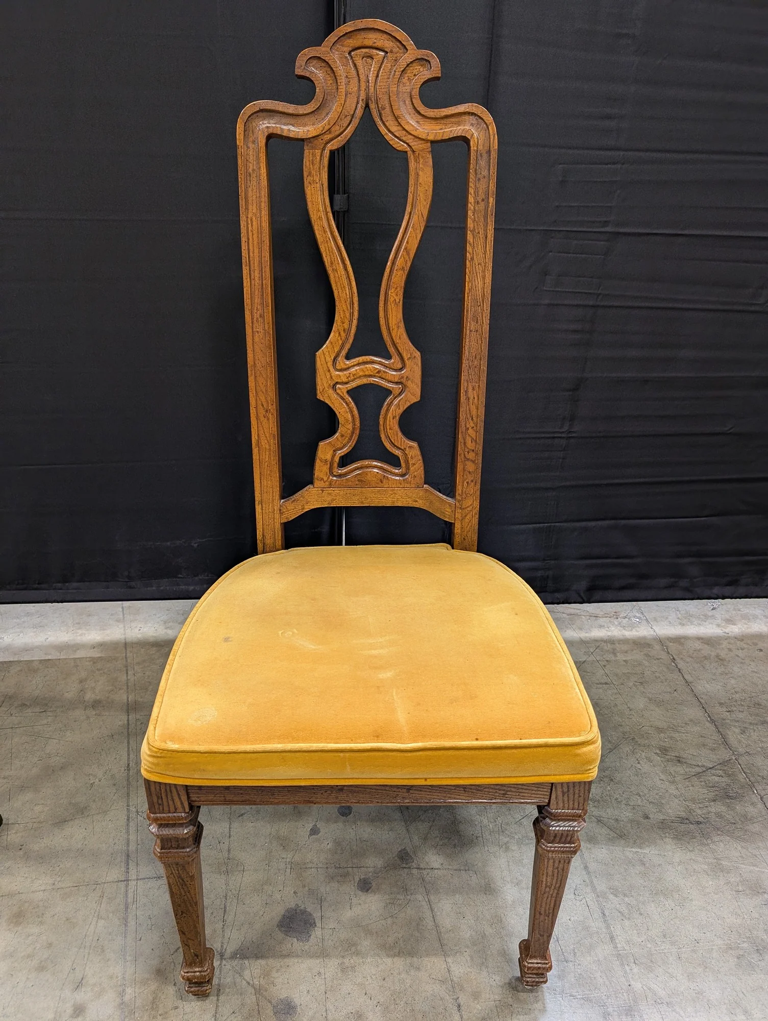 Ornate Carved Wood Accent Chair with Yellow Upholstered Seat - Image 2