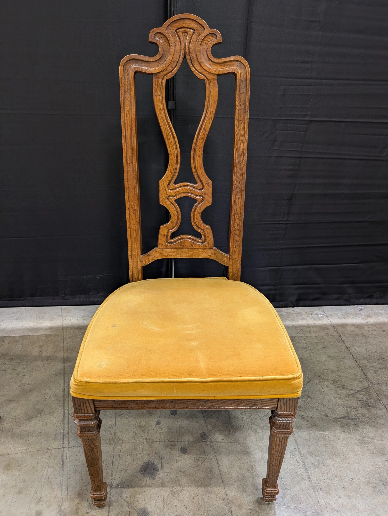 Ornate Carved Wood Accent Chair with Yellow Upholstered Seat - Image 3