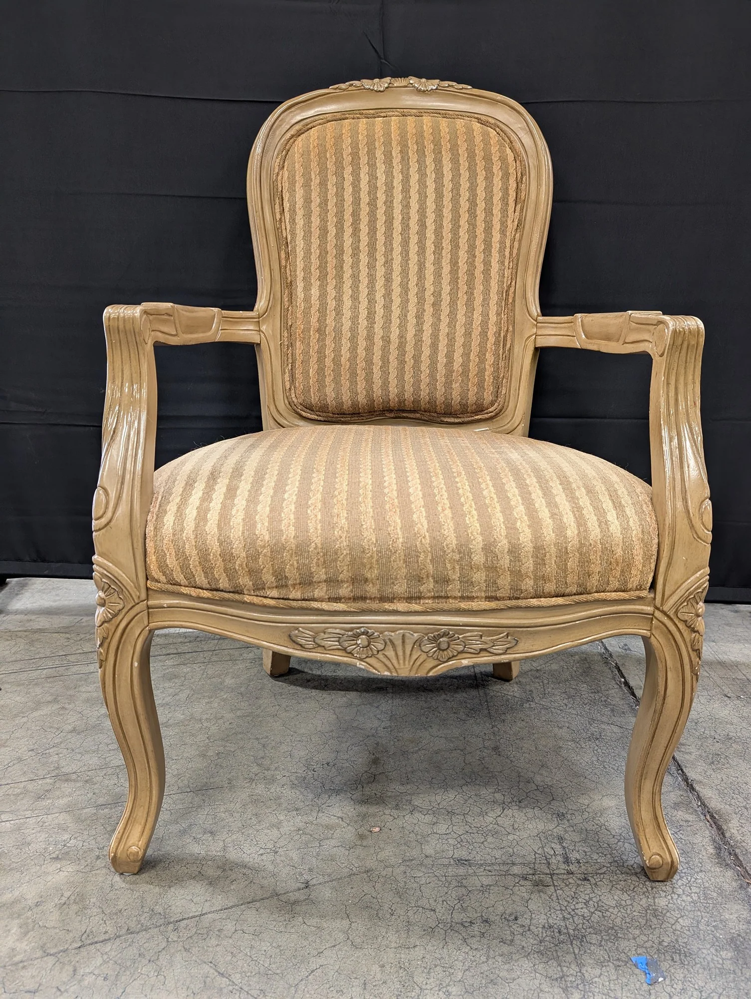 Carved Wood French Provincial Style Armchair with Striped Upholstery - Image 2