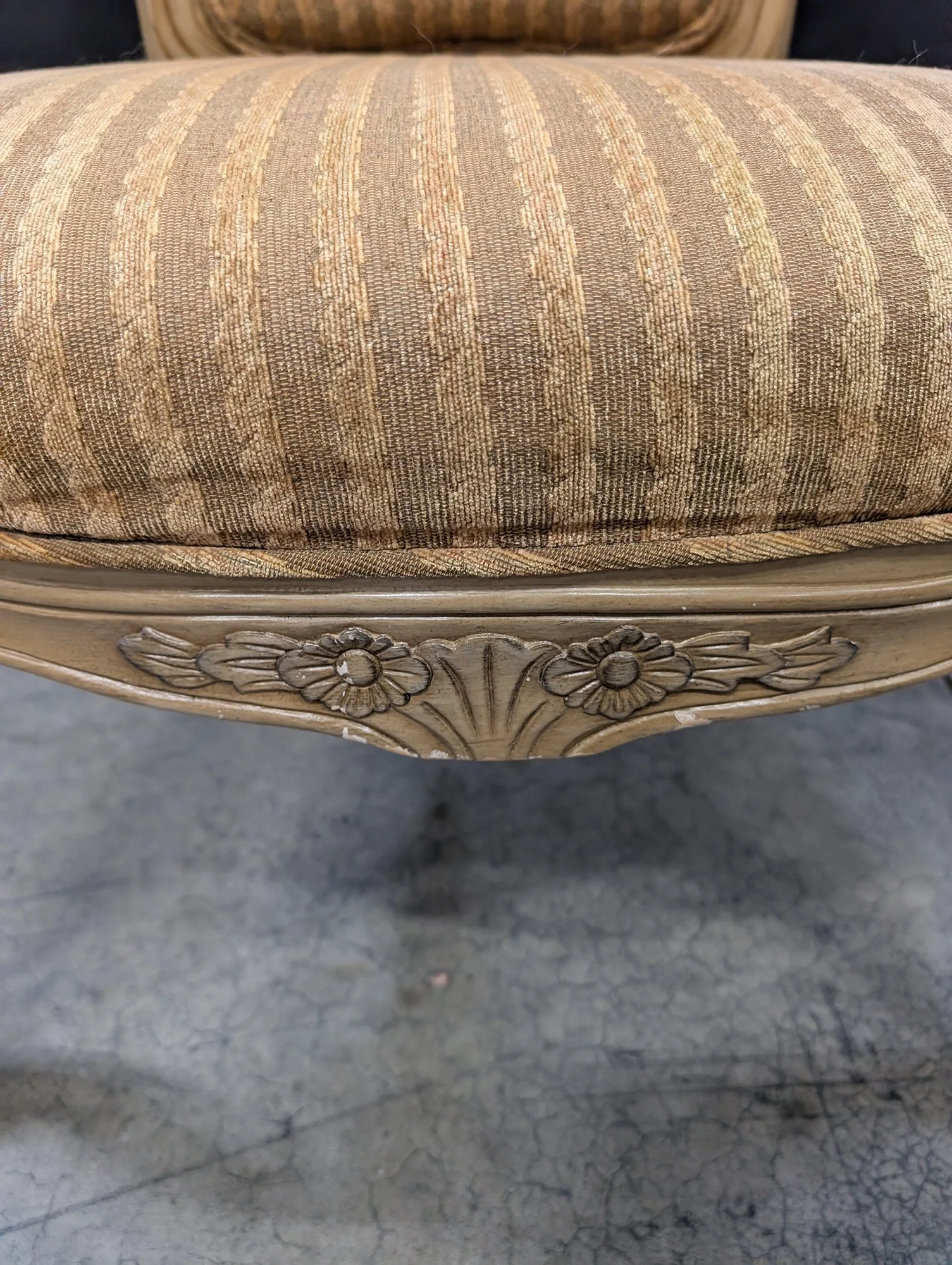 Carved Wood French Provincial Style Armchair with Striped Upholstery - Image 3