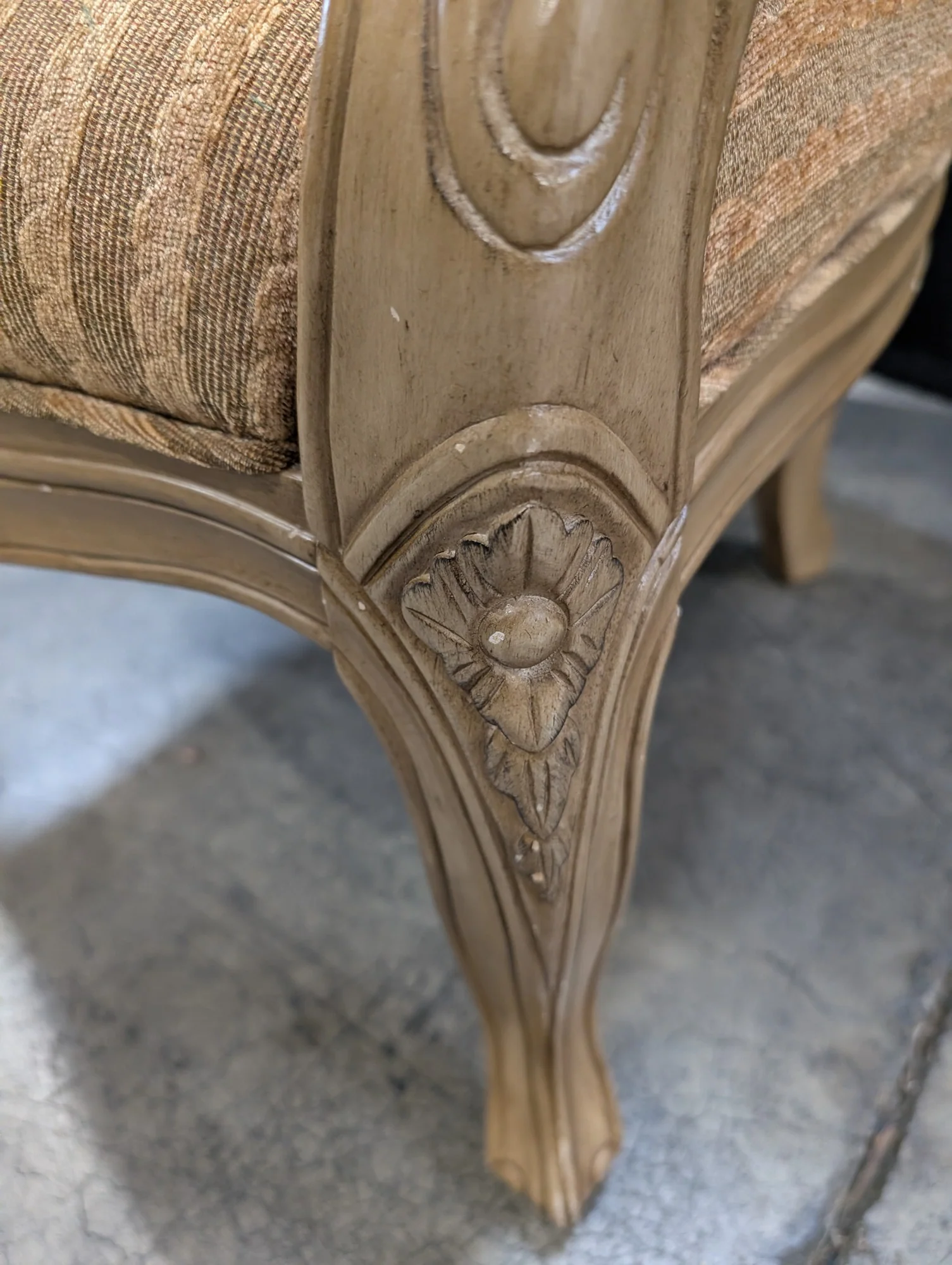 Carved Wood French Provincial Style Armchair with Striped Upholstery - Image 4