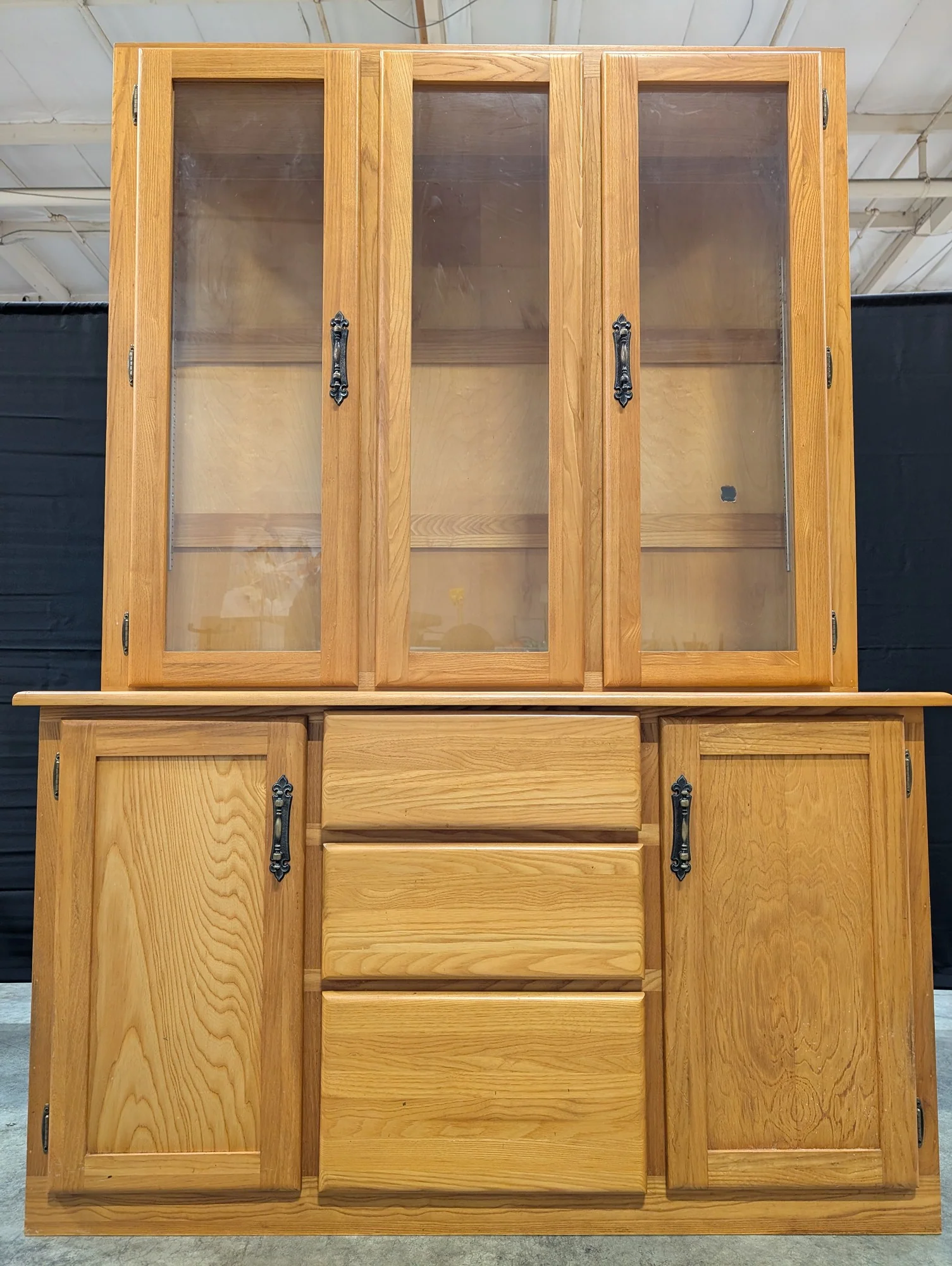 Natural Wood Display Hutch with Glass Doors and Storage Buffet - Image 2