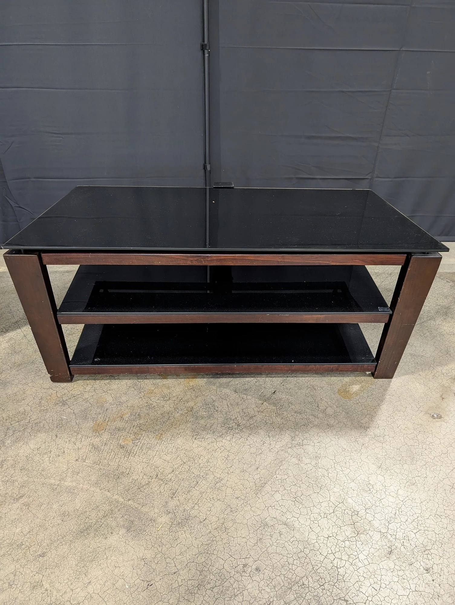 Modern Dark Wood and Black Glass Three-Tier Media Console - Image 2
