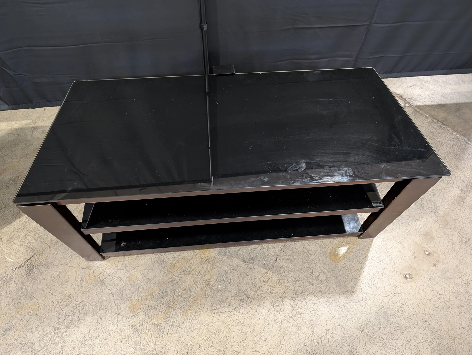 Modern Dark Wood and Black Glass Three-Tier Media Console - Image 3