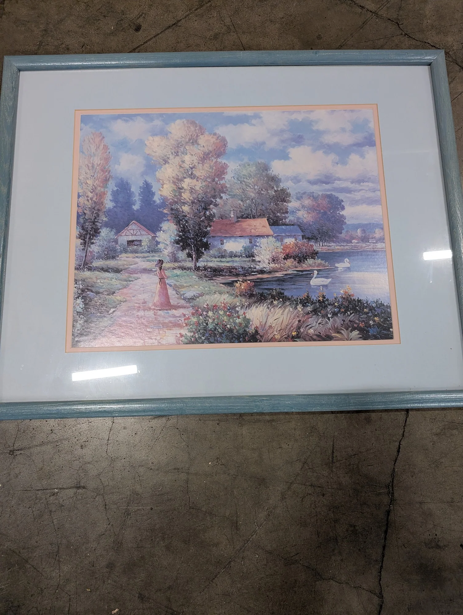 Tranquil Lakeside Scene Framed Wall Art Print with Swans