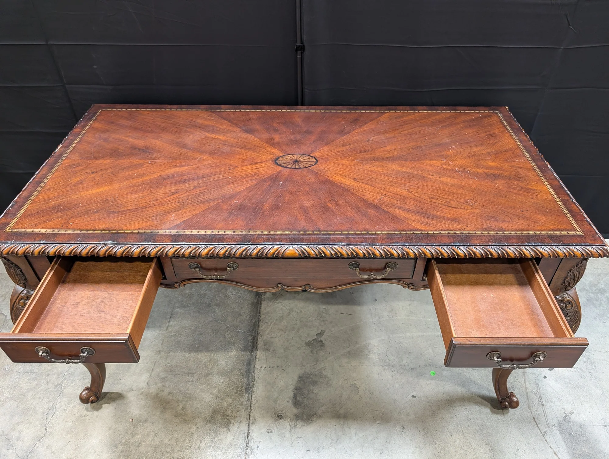 Ornate Inlaid Wood Writing Desk with Carved Details - Image 2