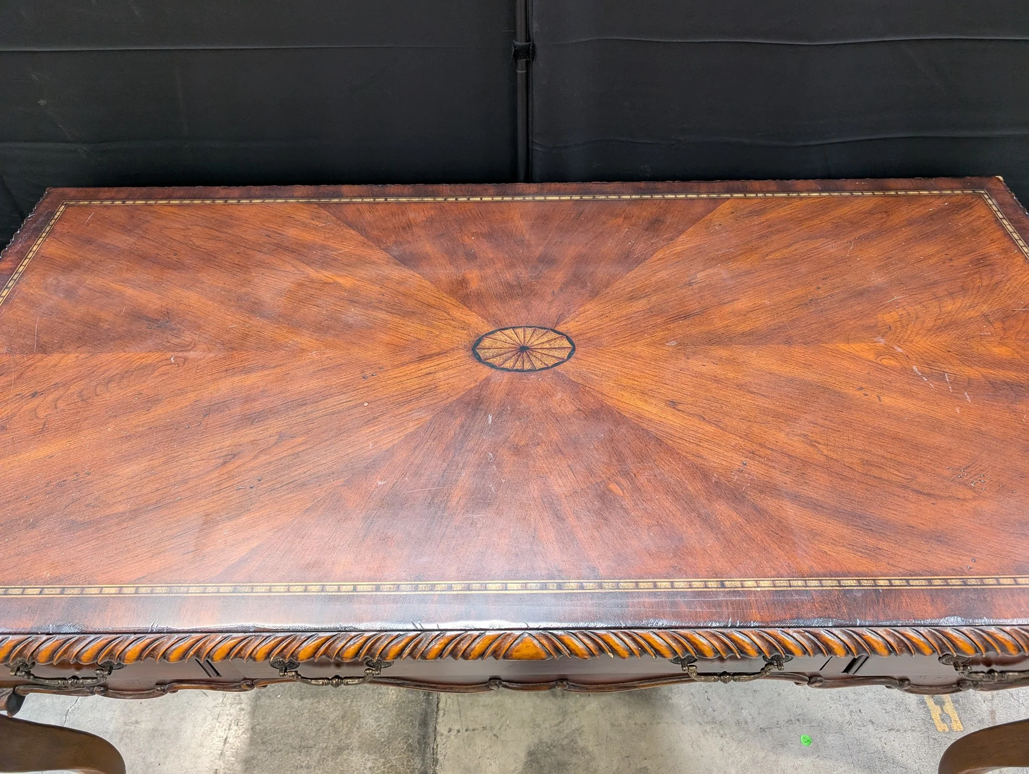 Ornate Inlaid Wood Writing Desk with Carved Details - Image 4
