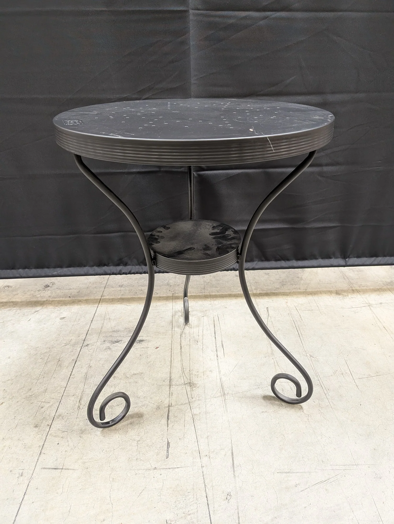 Round Grey Iron Bistro Side Table with Perforated Top - Image 4