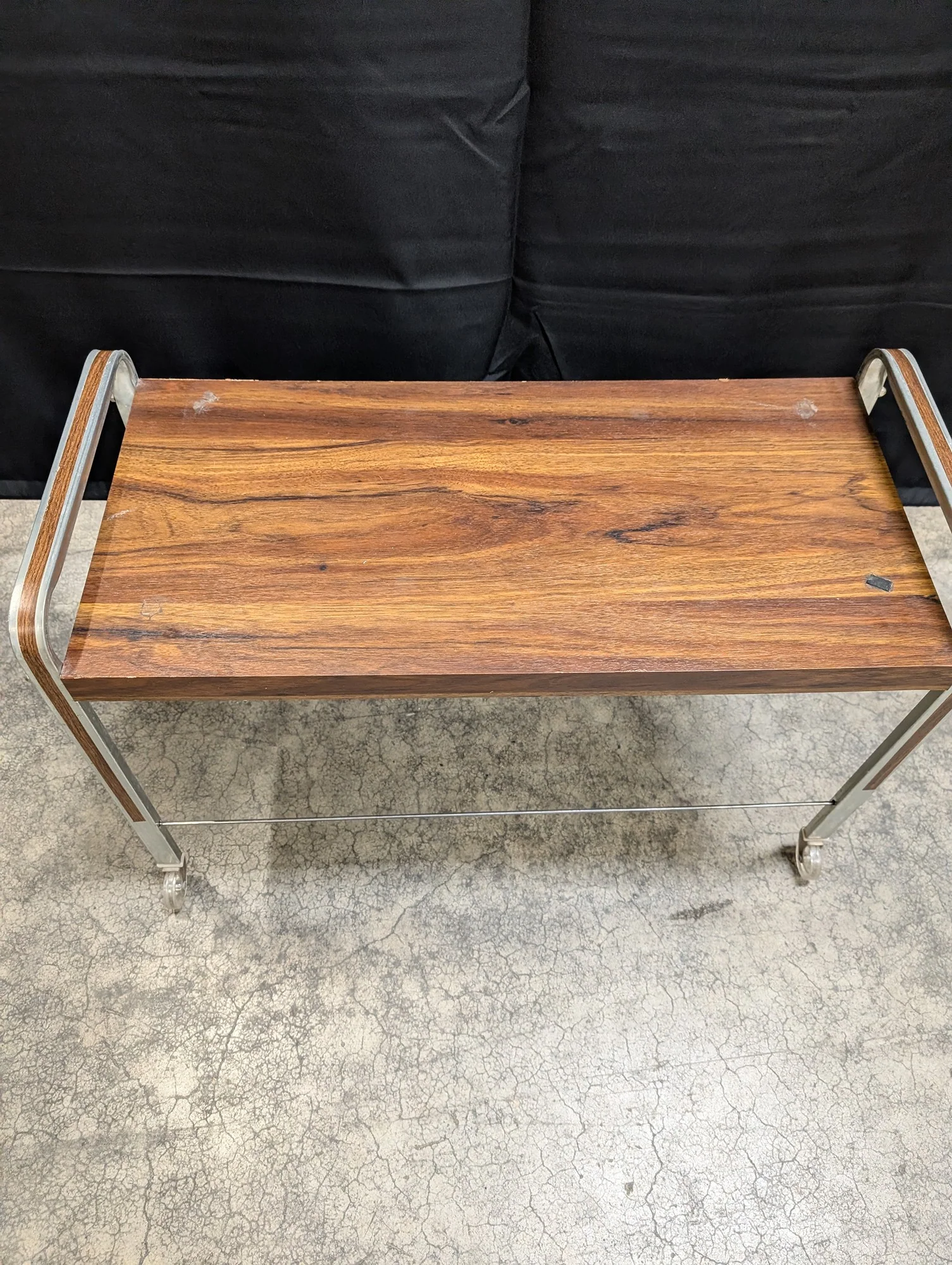Mid-Century Style Wood and Chrome Rolling Bench - Image 2