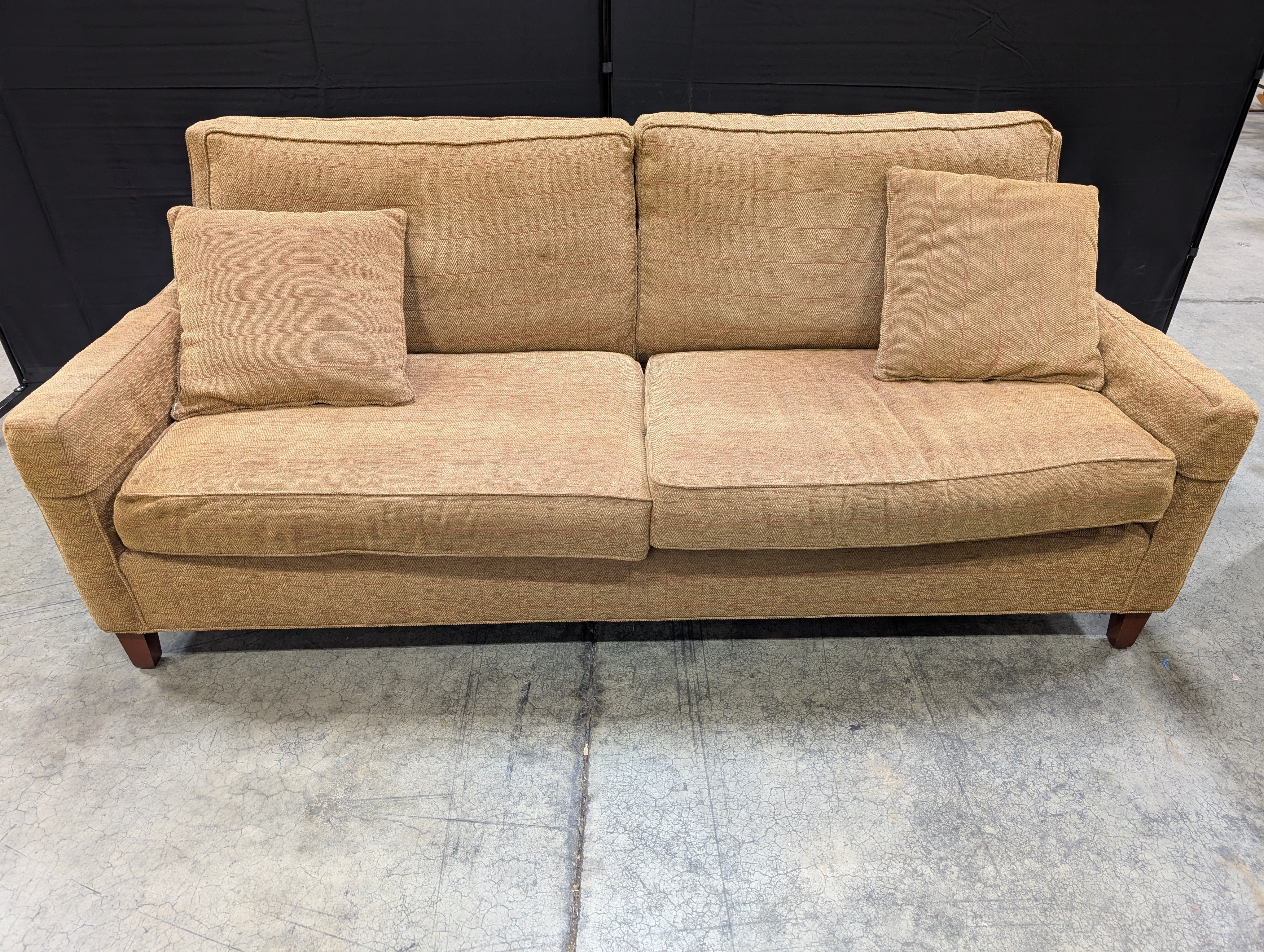 Neutral Tan Herringbone Fabric Two-Seater Sofa with Accent Pillows - Image 2