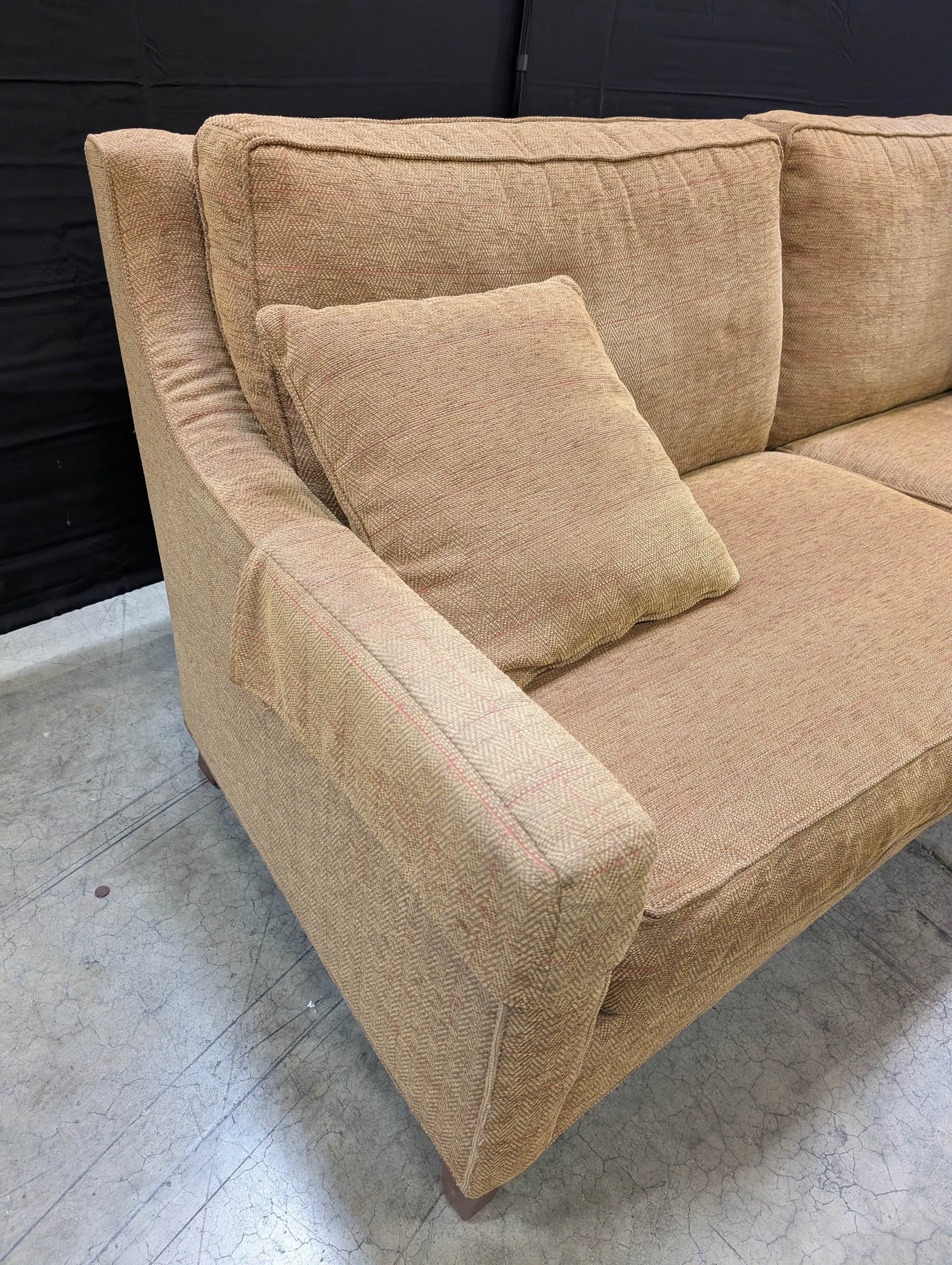 Neutral Tan Herringbone Fabric Two-Seater Sofa with Accent Pillows - Image 3