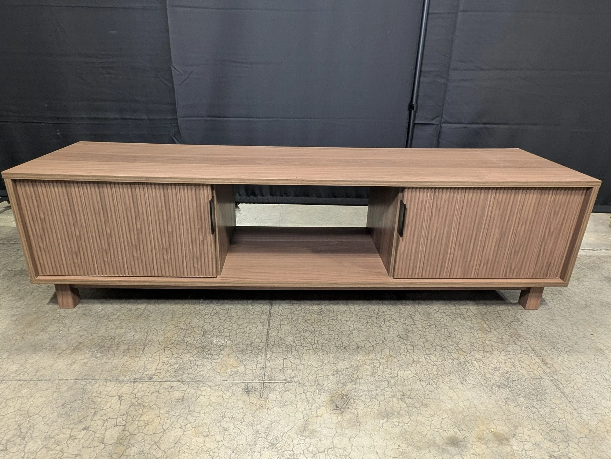 Mid-Century Modern Wood Media Console with Slatted Doors - Image 2
