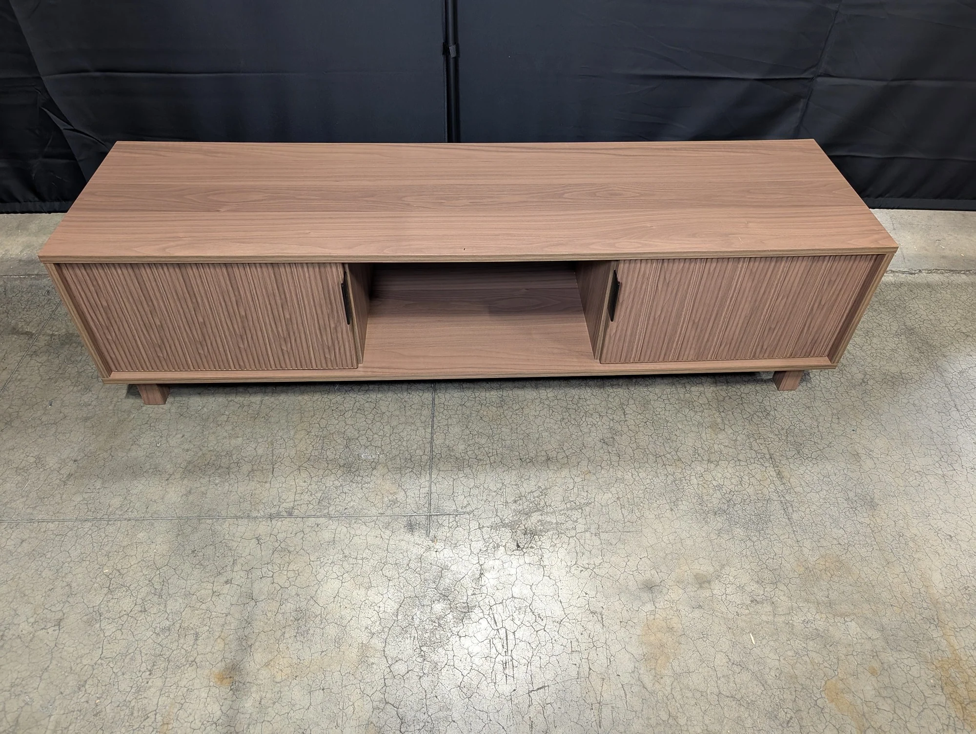 Mid-Century Modern Wood Media Console with Slatted Doors - Image 4