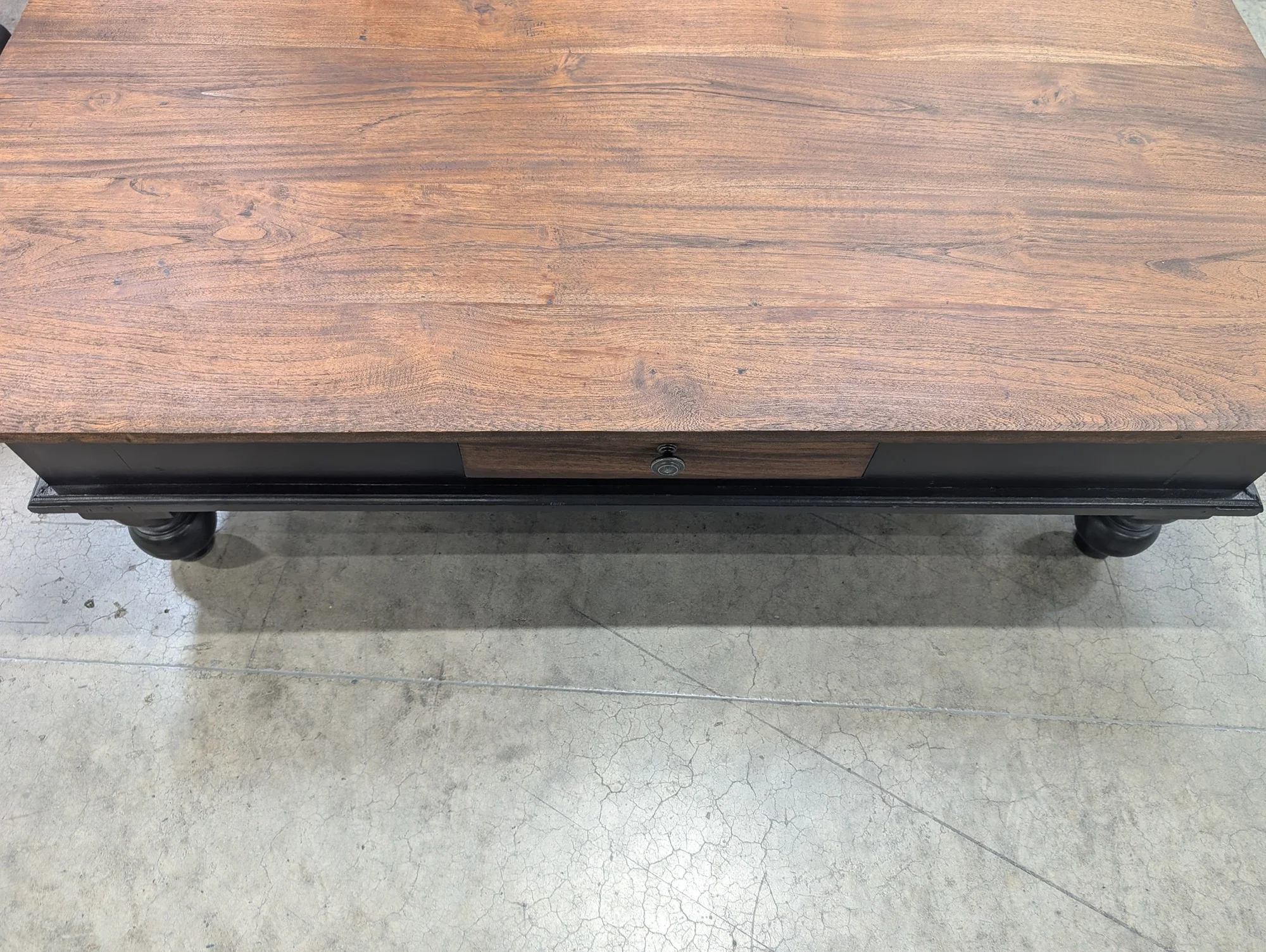 Rustic Wood Top Coffee Table with Black Base and Storage Drawer - Image 2