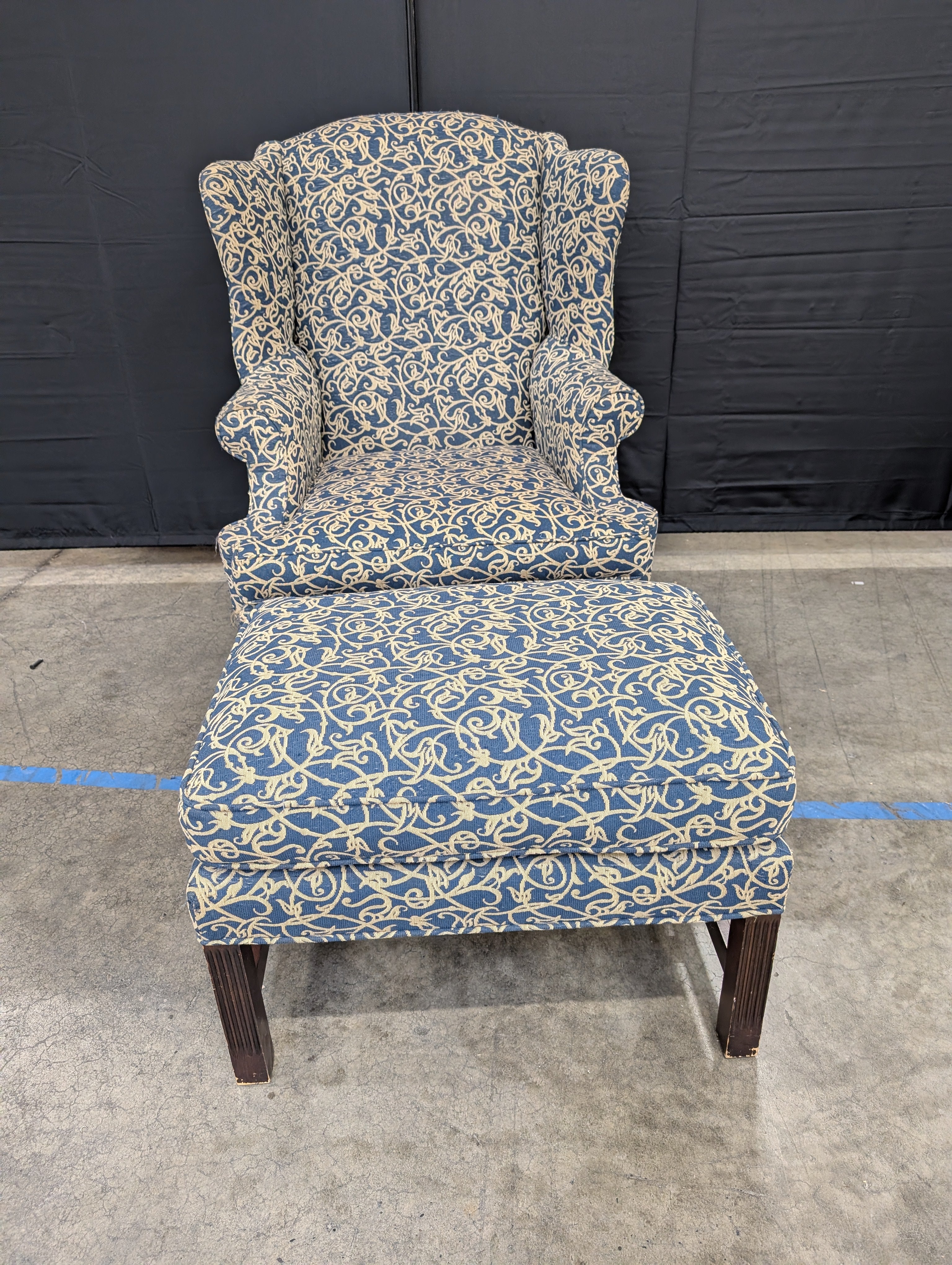 Classic Henredon Wingback Chair and Ottoman Set with Scroll Pattern