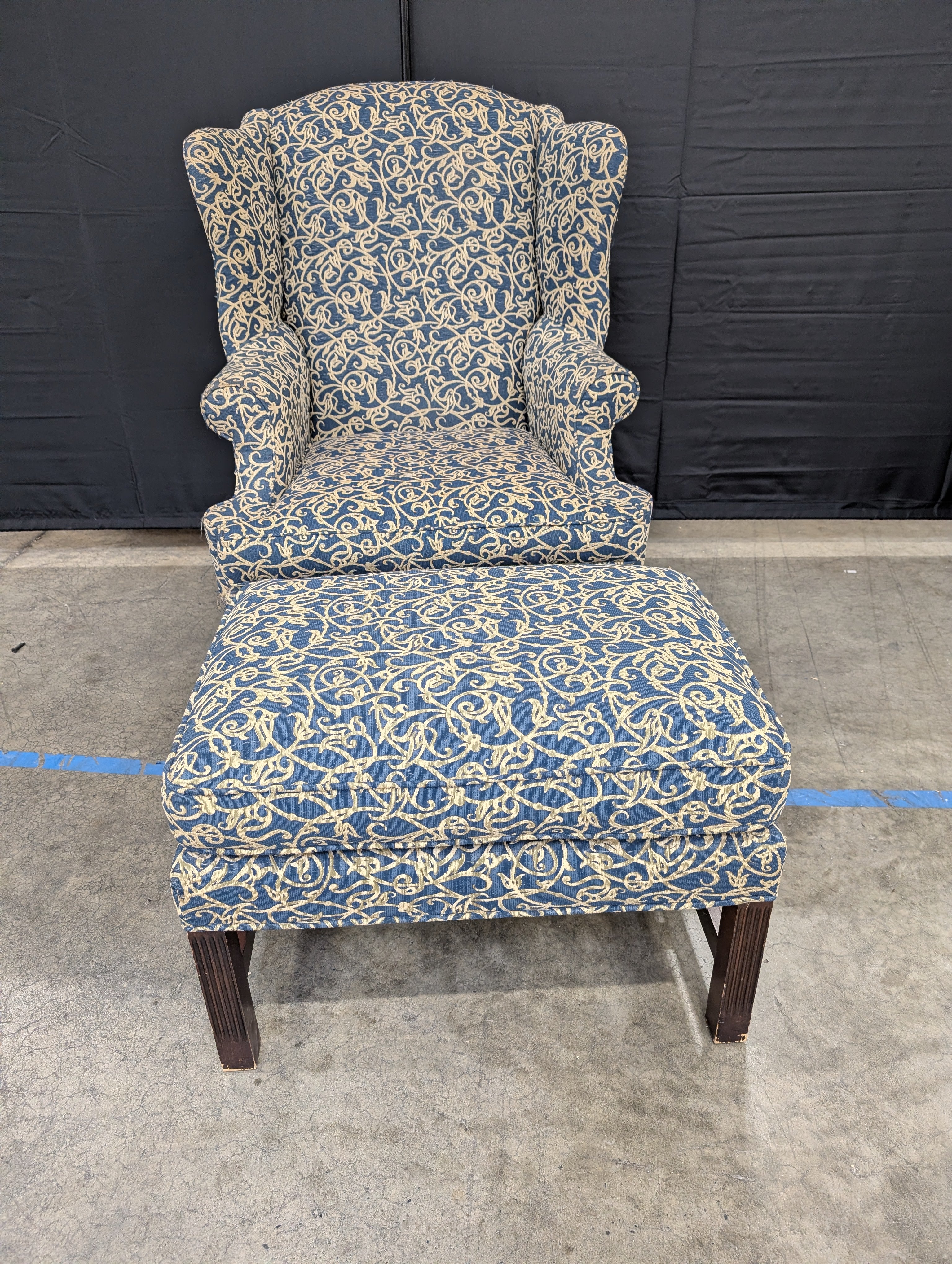 Classic Henredon Wingback Chair and Ottoman Set with Scroll Pattern - Image 2