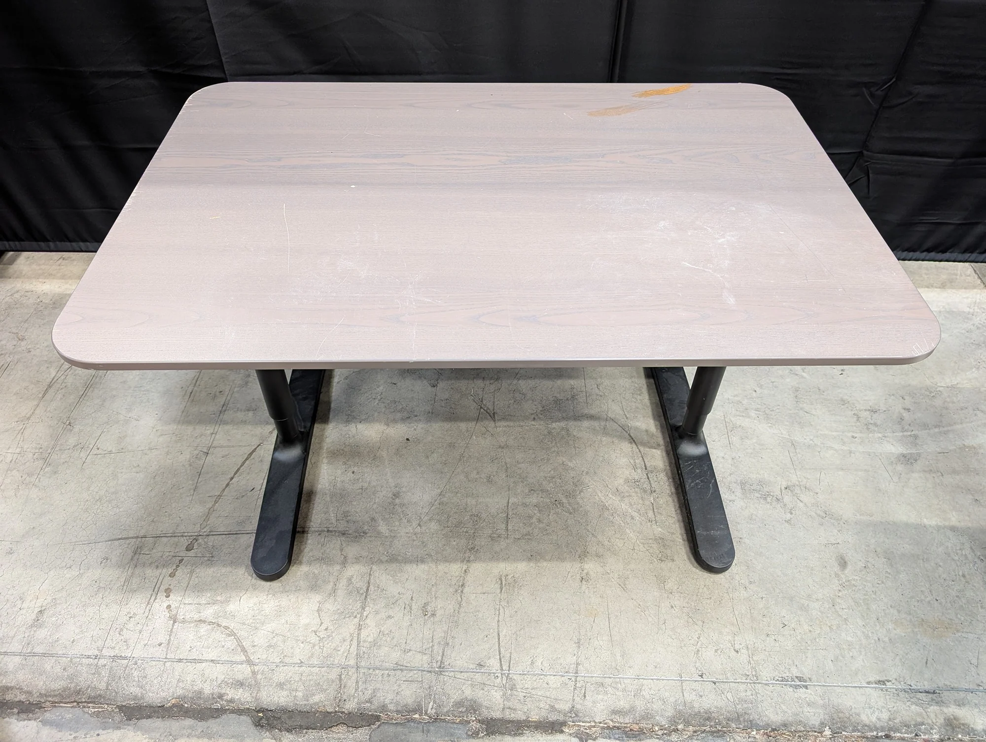 Modern Greyish-Brown Rectangular Table with Black Metal Bases