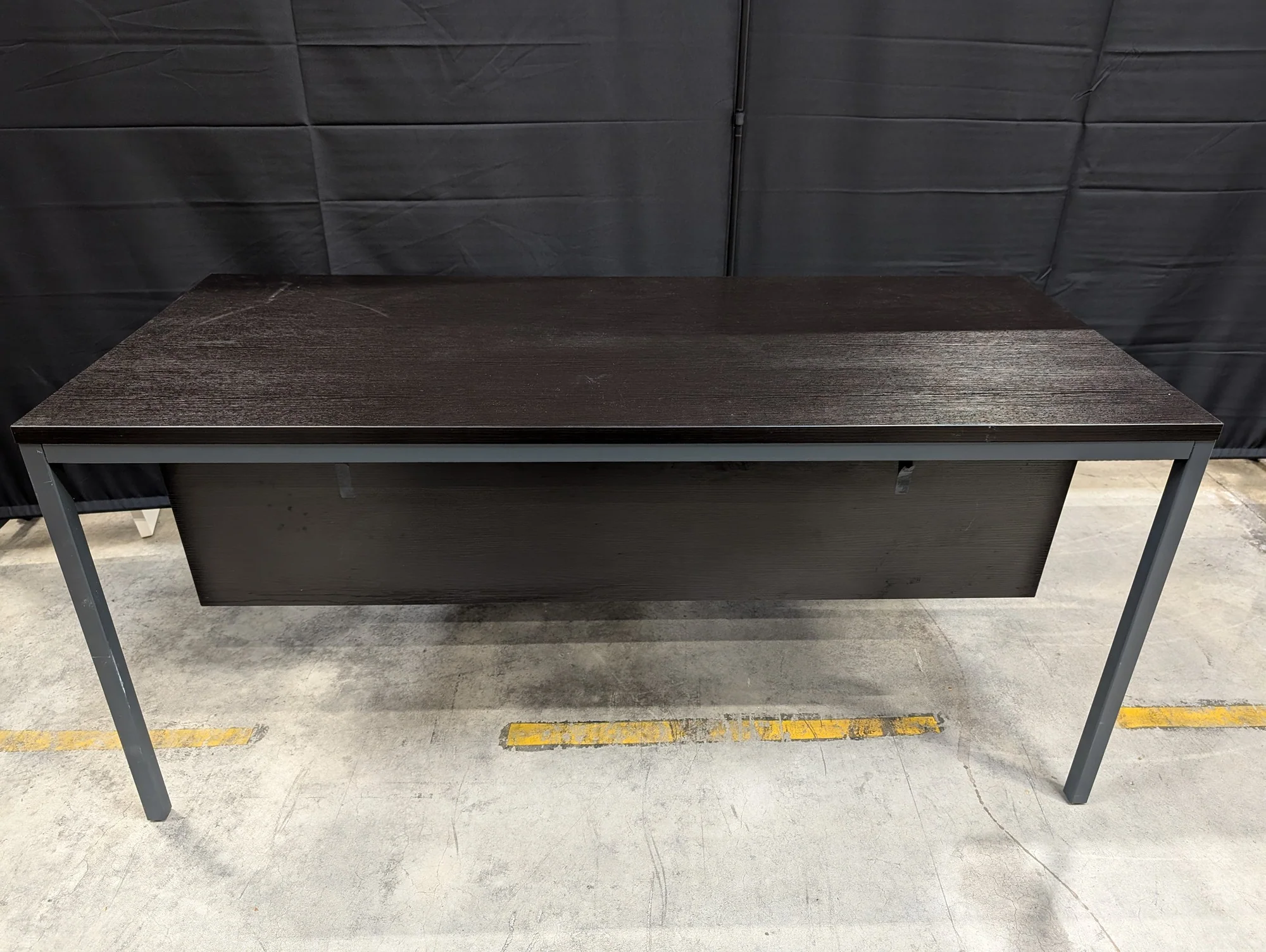Modern Dark Wood Grain Office Desk with Grey Metal Frame - Image 2