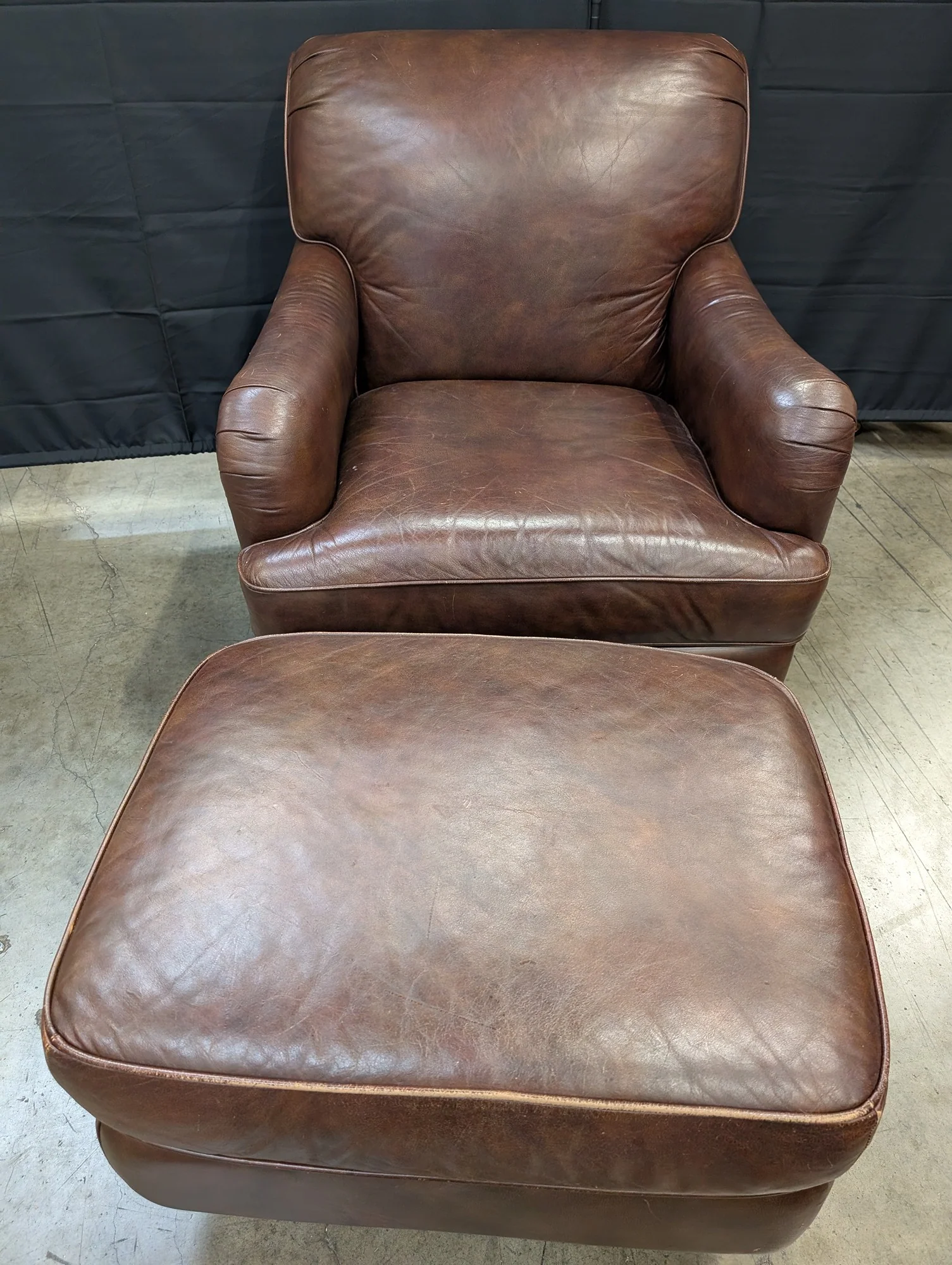 Classic Brown Real Leather Armchair and Ottoman Set