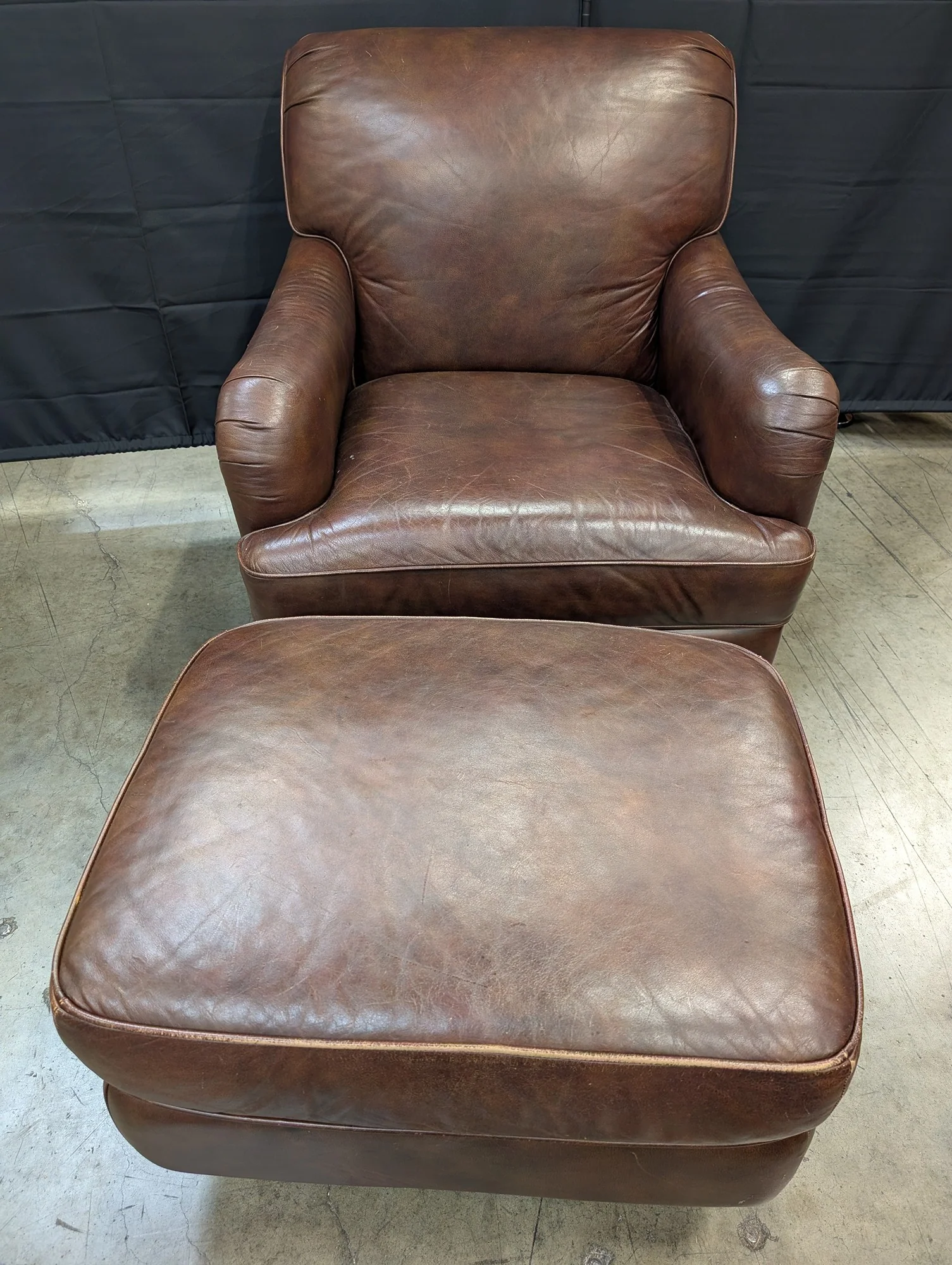Classic Brown Real Leather Armchair and Ottoman Set - Image 2