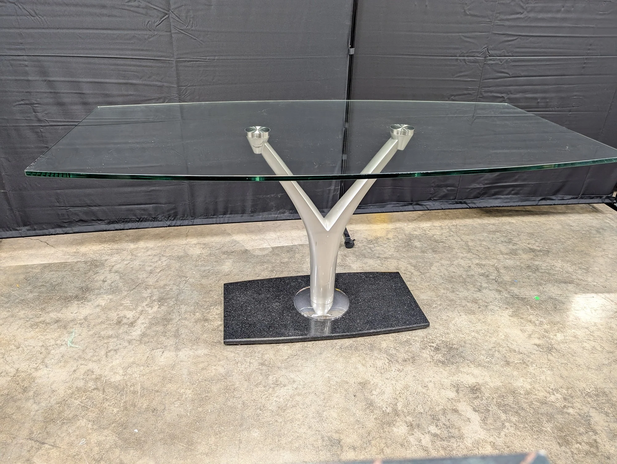 Sleek Contemporary Tempered Glass Top Table with Y-Pedestal Base