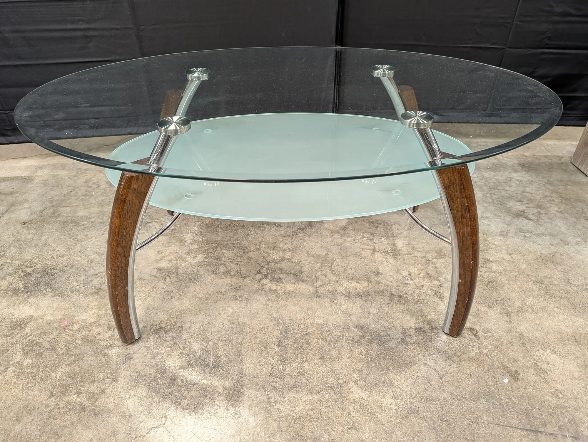 Contemporary Two-Tiered Glass Top Coffee Table with Wood and Chrome Accents - Image 2