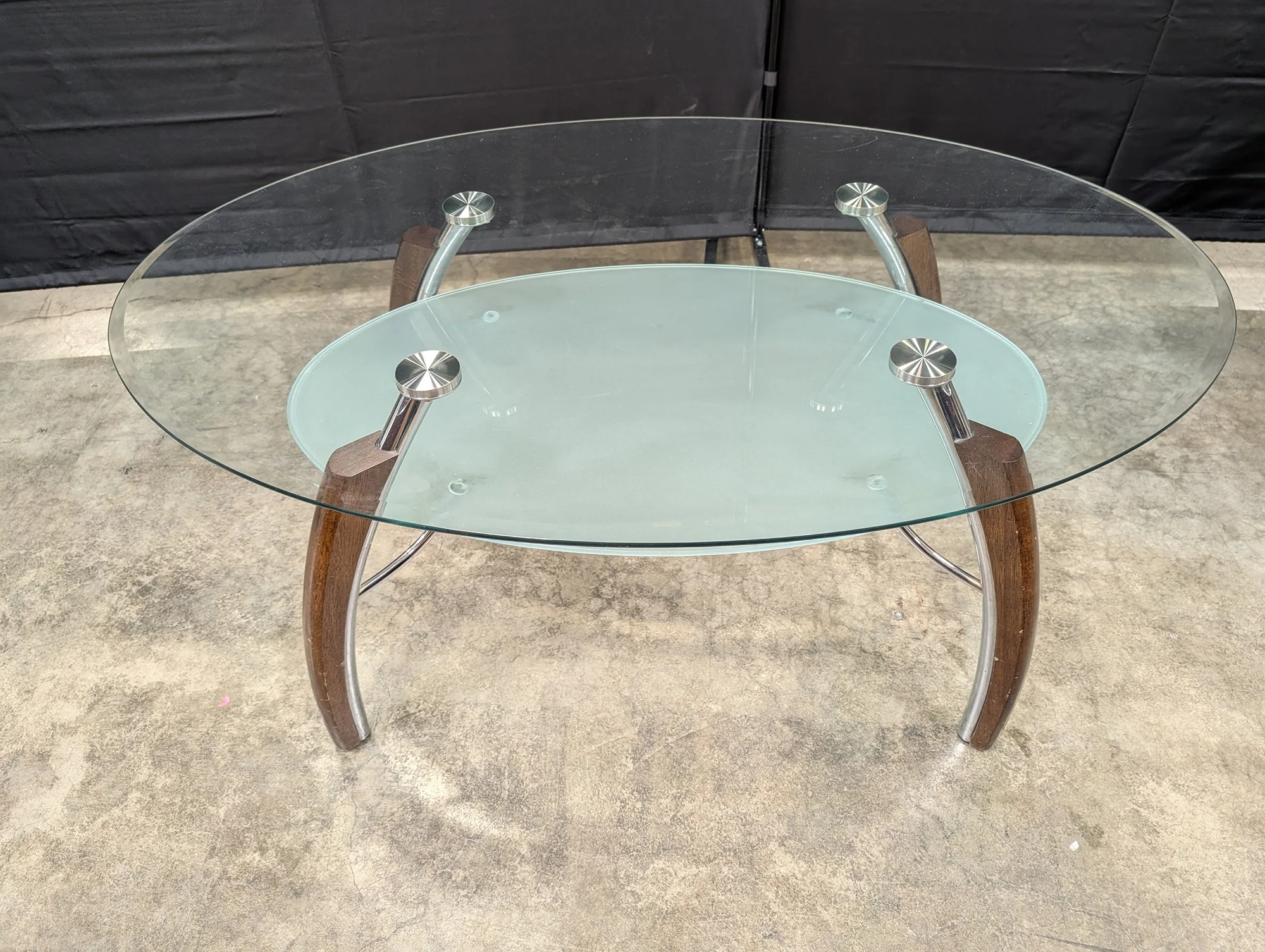 Contemporary Two-Tiered Glass Top Coffee Table with Wood and Chrome Accents - Image 3