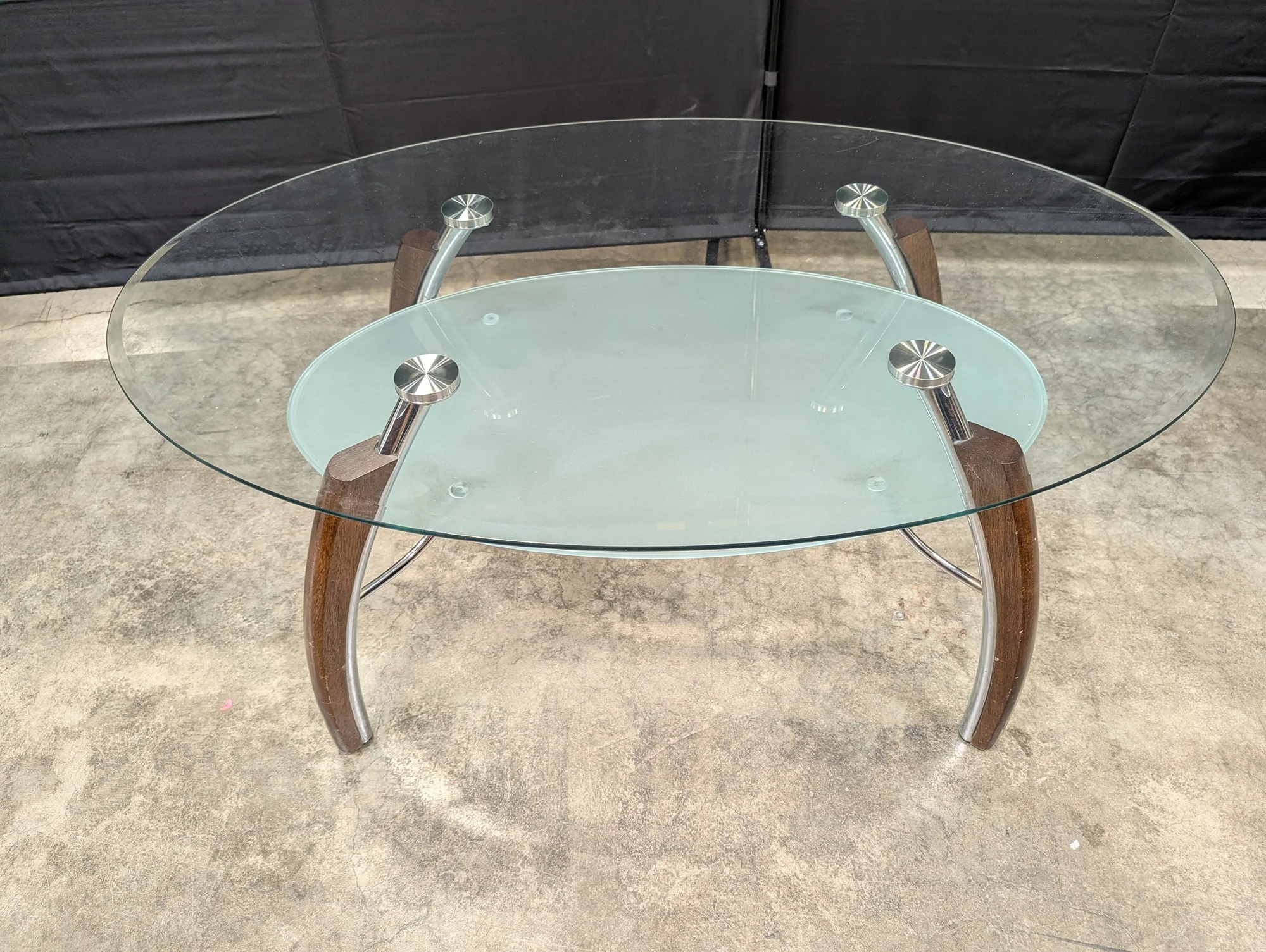 Contemporary Two-Tiered Glass Top Coffee Table with Wood and Chrome Accents - Image 4