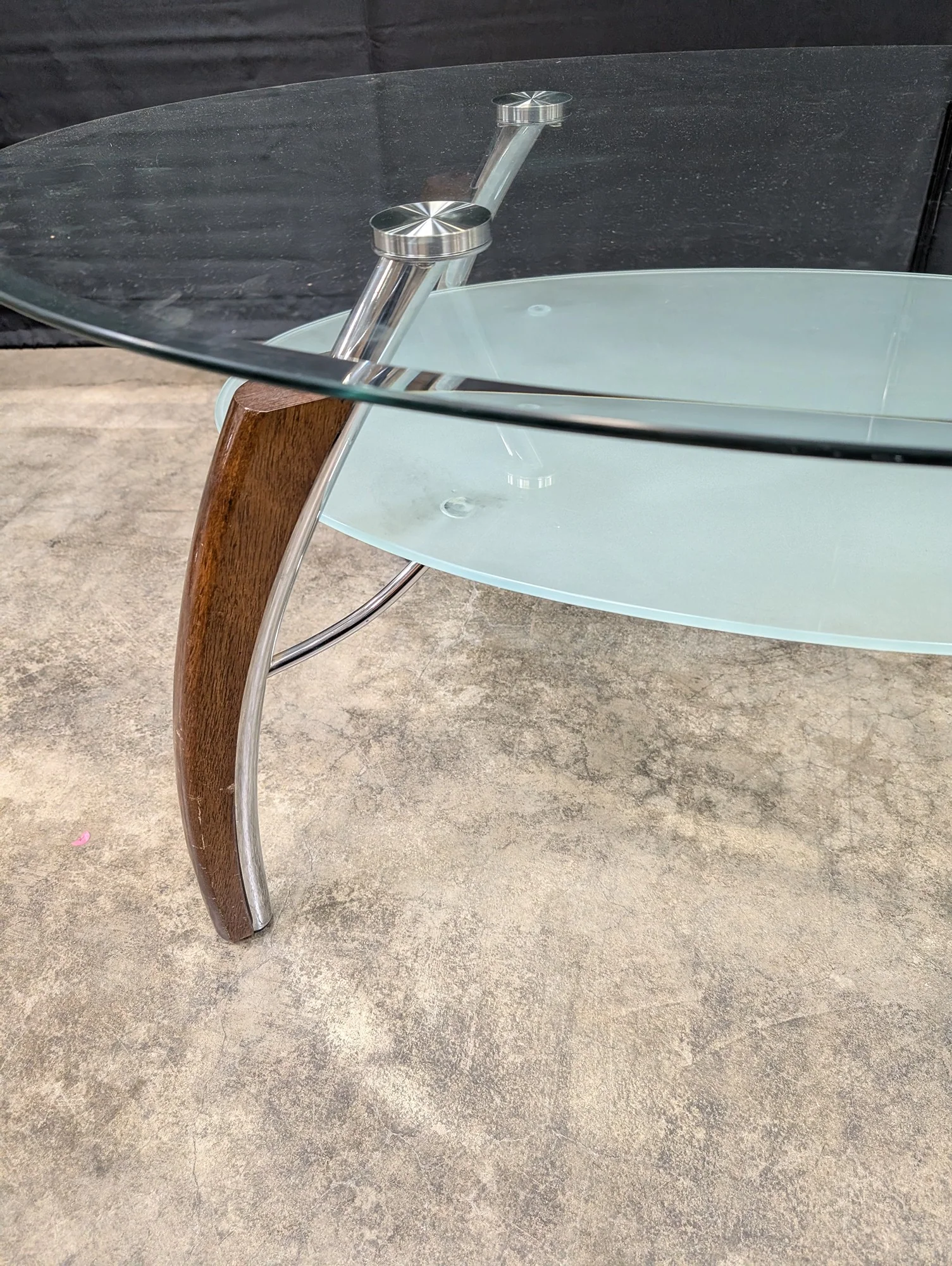 Contemporary Two-Tiered Glass Top Coffee Table with Wood and Chrome Accents - Image 5