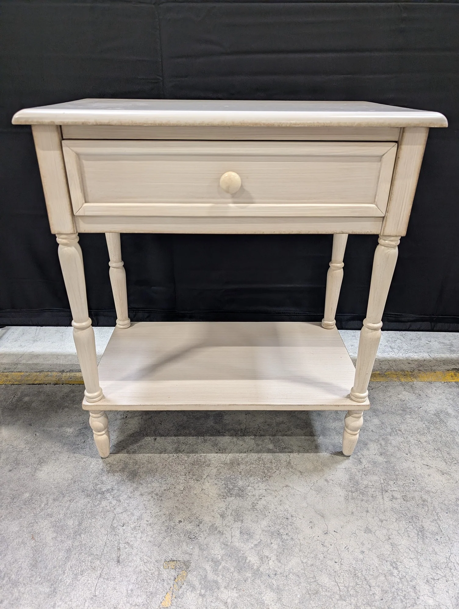 Distressed Cream Wood Side Table with Drawer and Shelf