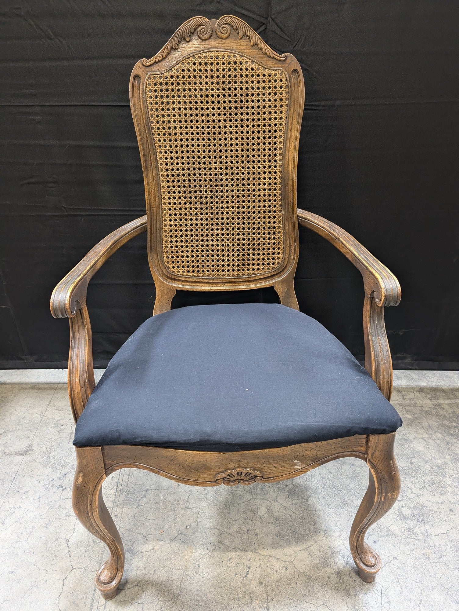 French Provincial Carved Wood Cane Back Accent Armchair
