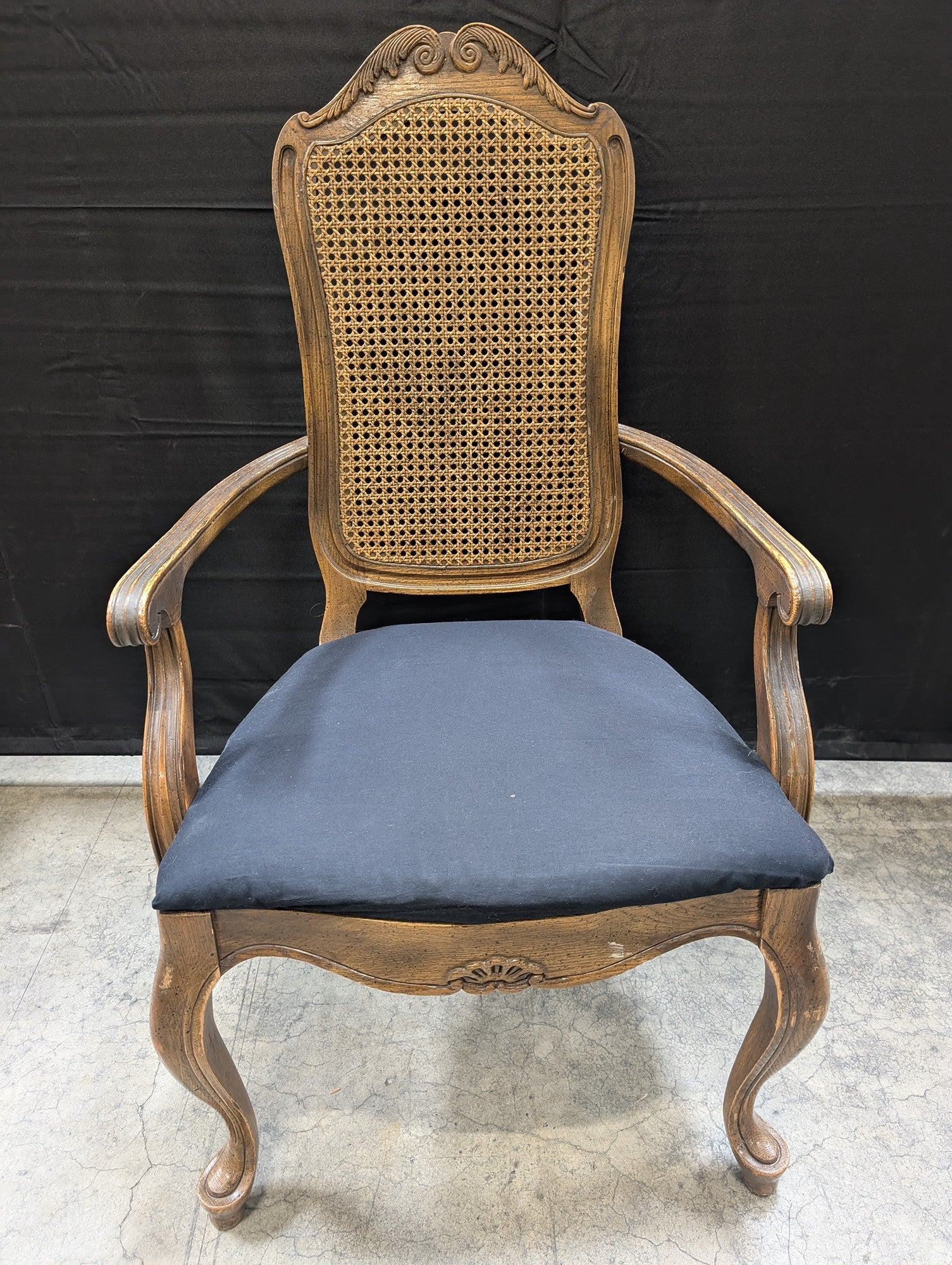 French Provincial Carved Wood Cane Back Accent Armchair - Image 2