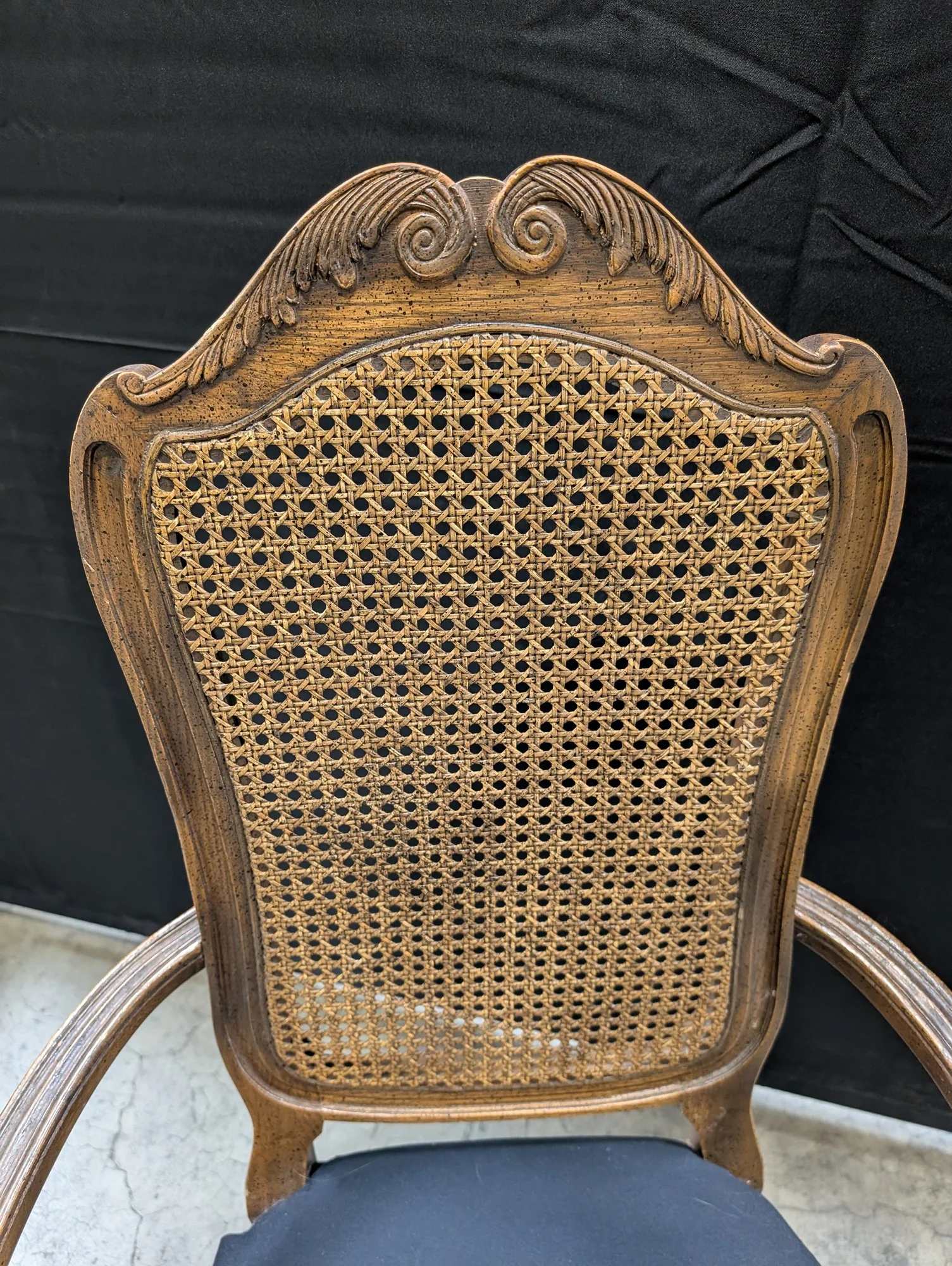 French Provincial Carved Wood Cane Back Accent Armchair - Image 3