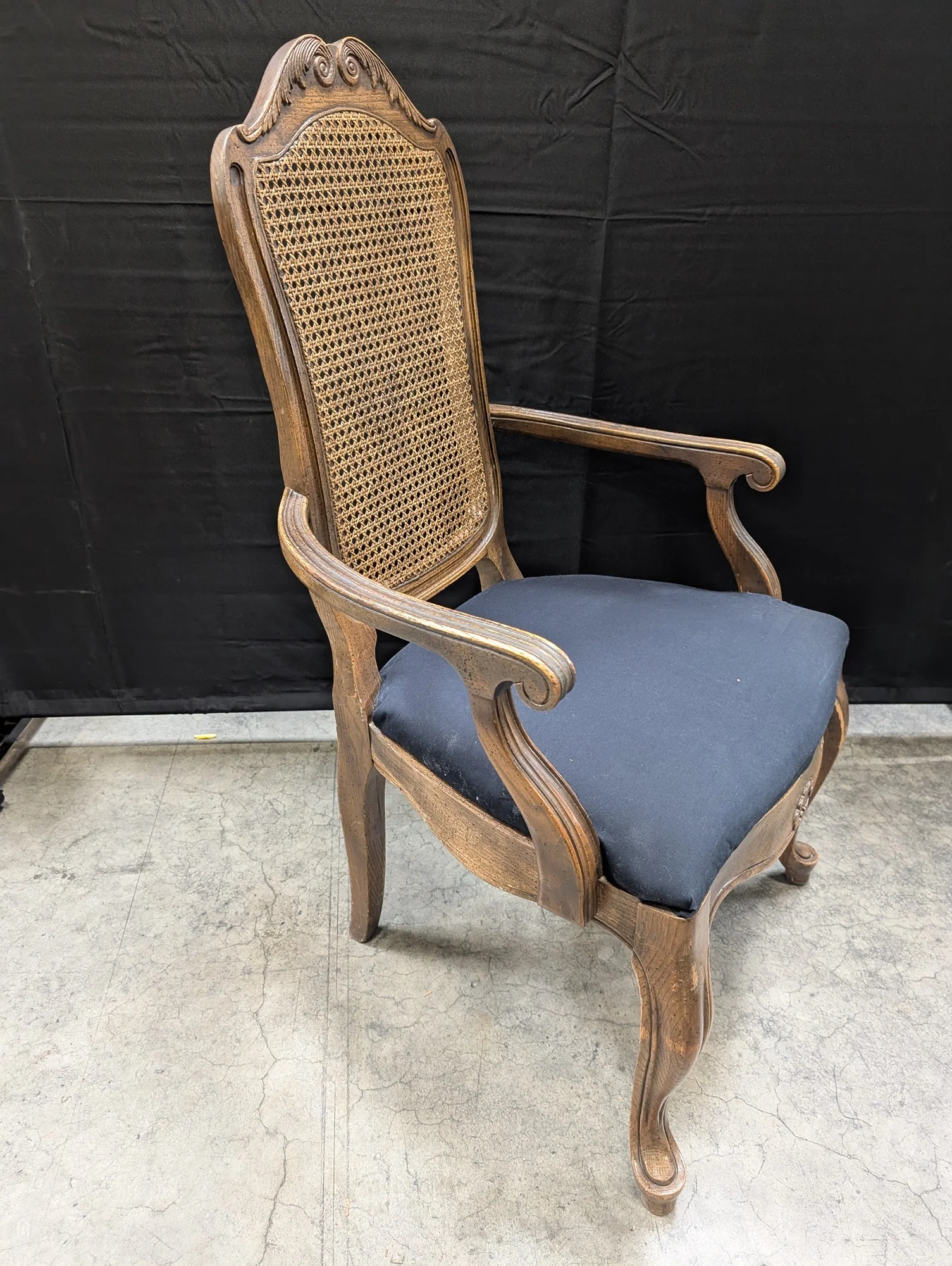 French Provincial Carved Wood Cane Back Accent Armchair - Image 4