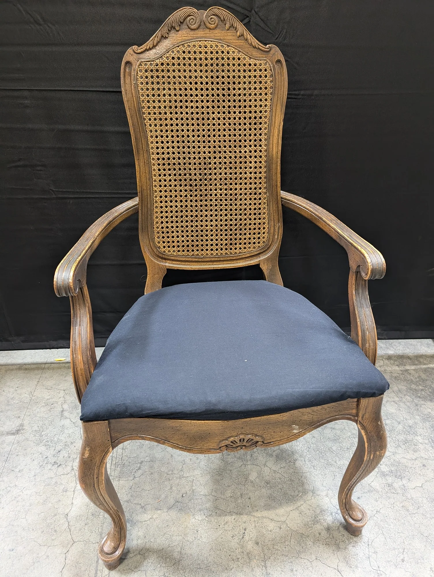 French Provincial Carved Wood Cane Back Accent Armchair - Image 5